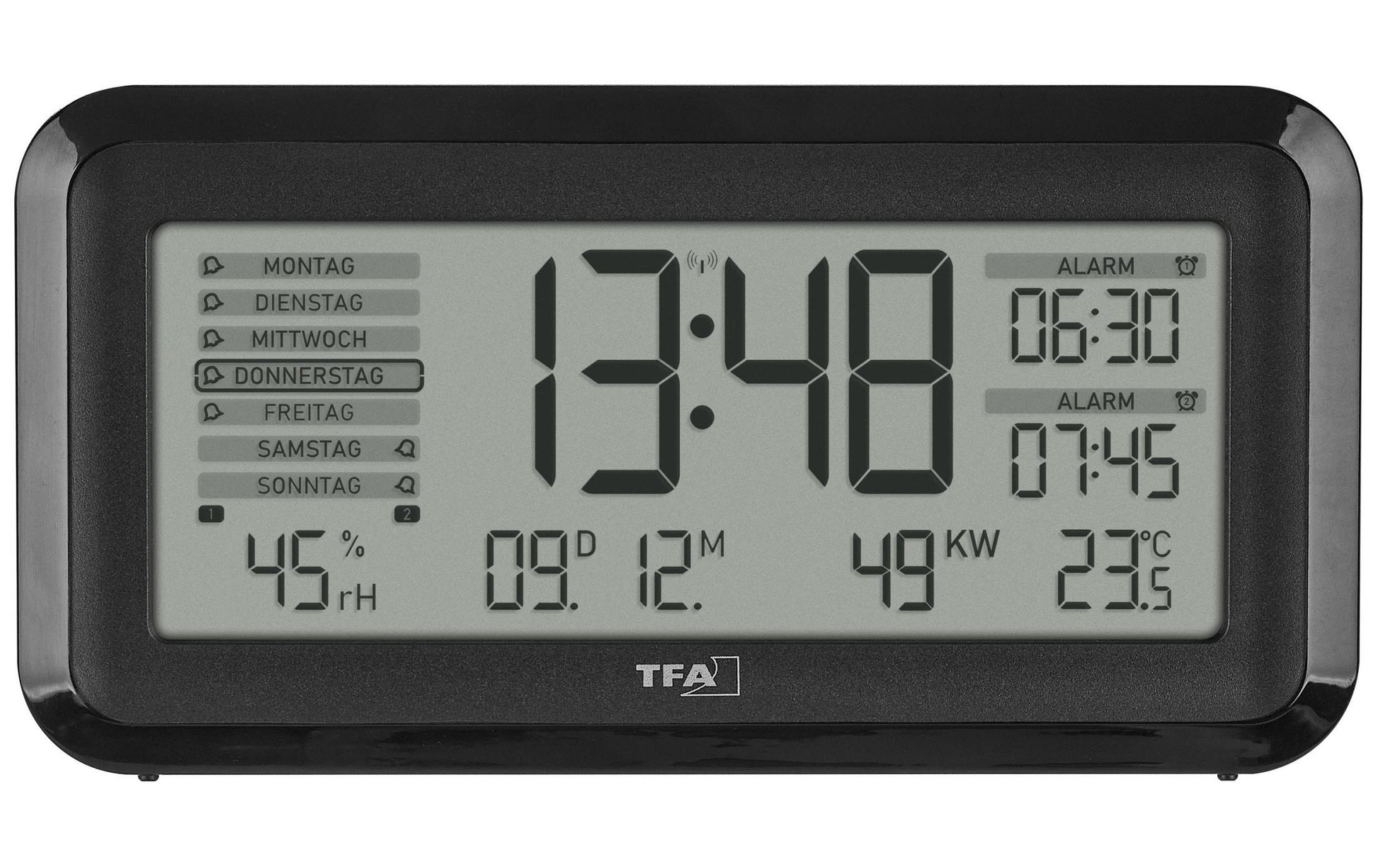 TFA-Dostmann TFA Dostmann Digitalwecker – Funk, Schlummerfunktion, Thermometer/Hygrometer, 13,8 × 7,2 × 5,2 cm, Schwarz