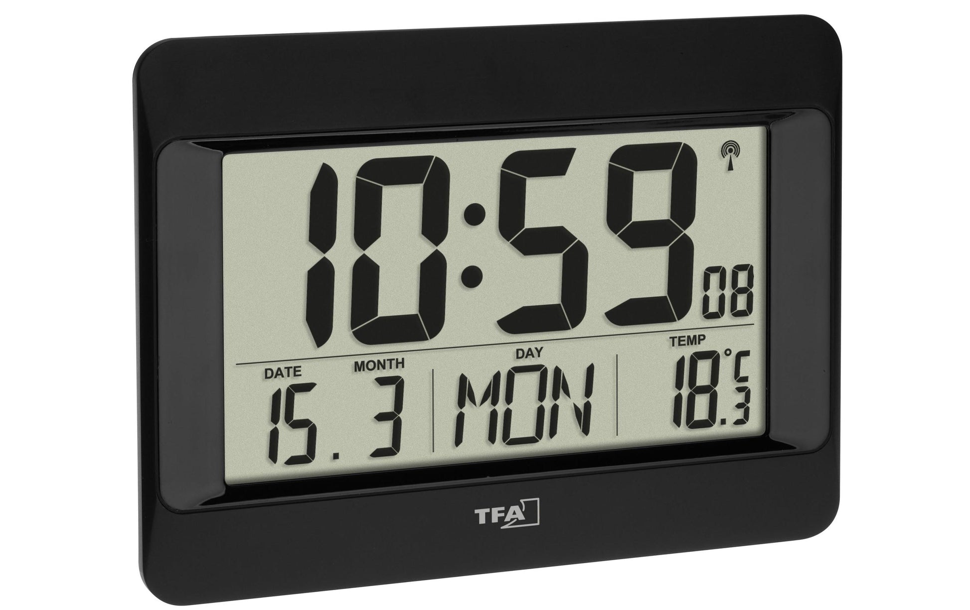 TFA-Dostmann TFA Dostmann Digitalwecker – Funk, Schlummerfunktion, Thermometer, 21,5 × 16 × 6,8 cm, Schwarz, Kunststoff