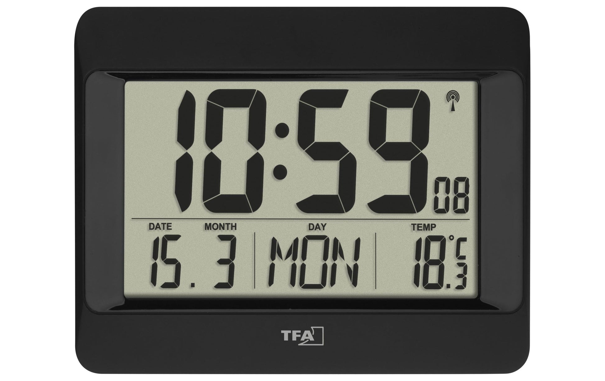 TFA-Dostmann TFA Dostmann Digitalwecker – Funk, Schlummerfunktion, Thermometer, 21,5 × 16 × 6,8 cm, Schwarz, Kunststoff