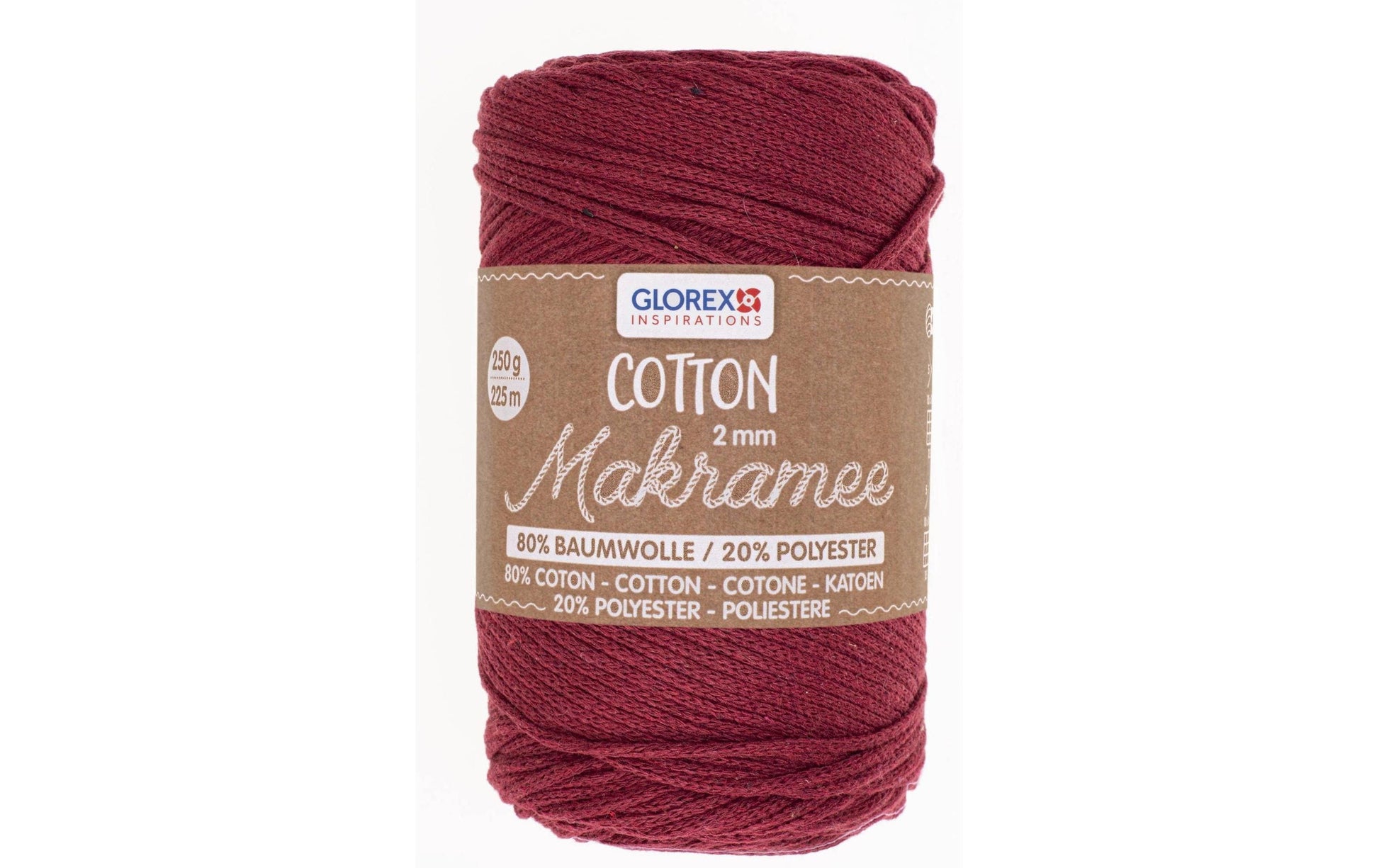 GLOREX Baumwoll-Makramee-Kordel Bordeaux – 2 mm, 250 g, 225 m, 80% Baumwolle/20% Polyester