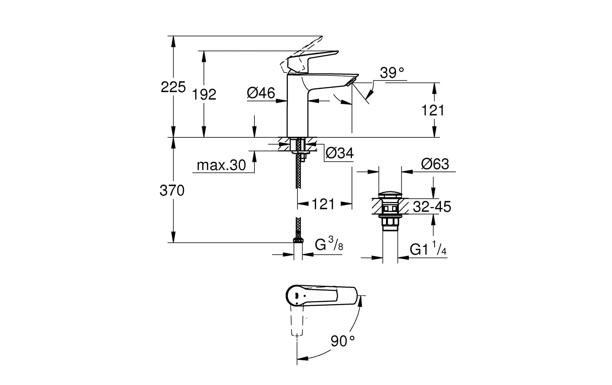 GROHE Start Einhebel-Lavaboarmatur – G3/8, Messing, Chrom, Kartusche Ø 28 mm, 5,7 l/min, für Waschbecken