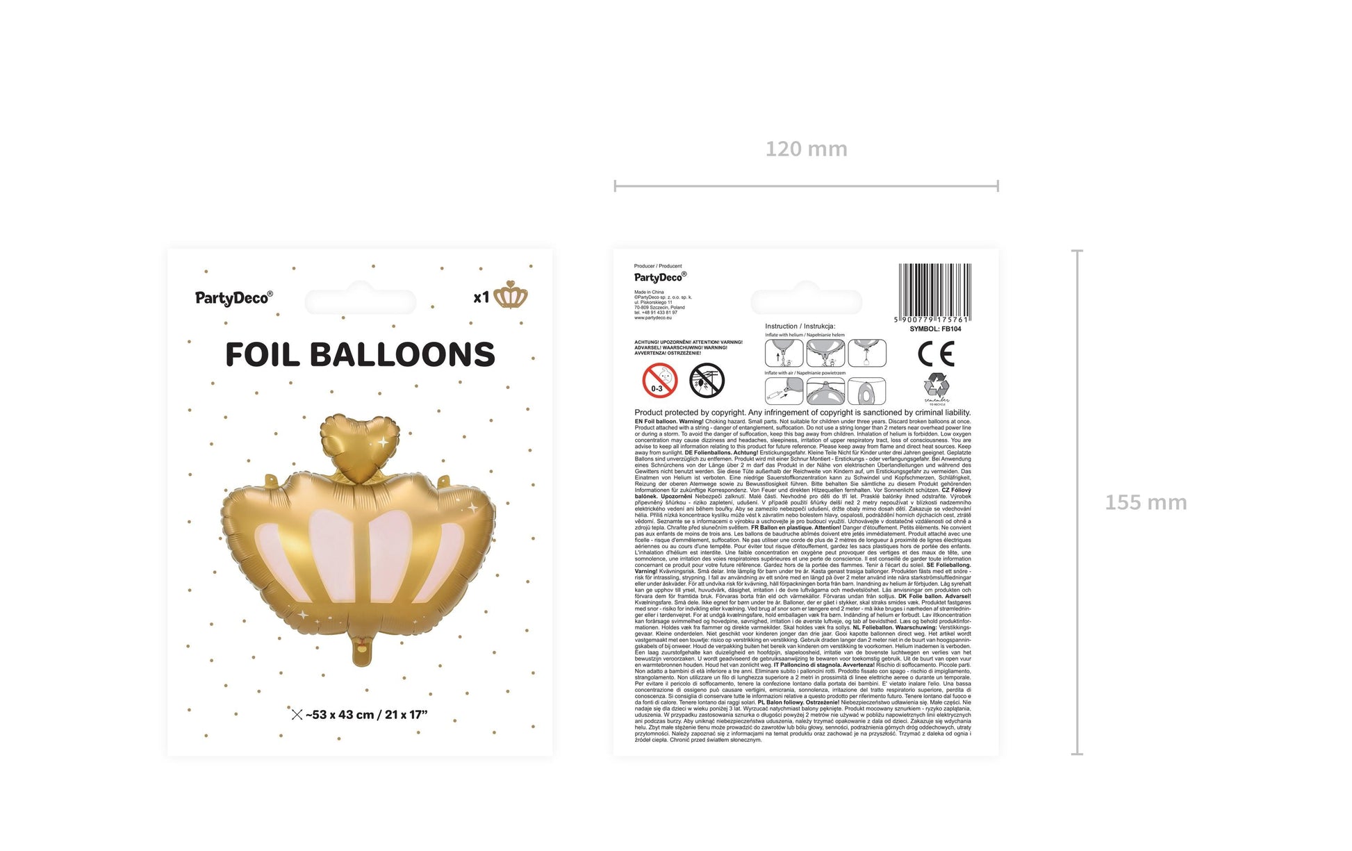PartyDeco Folienballon Krone – Gold – 52 × 42 cm – Folie – 1 Stk