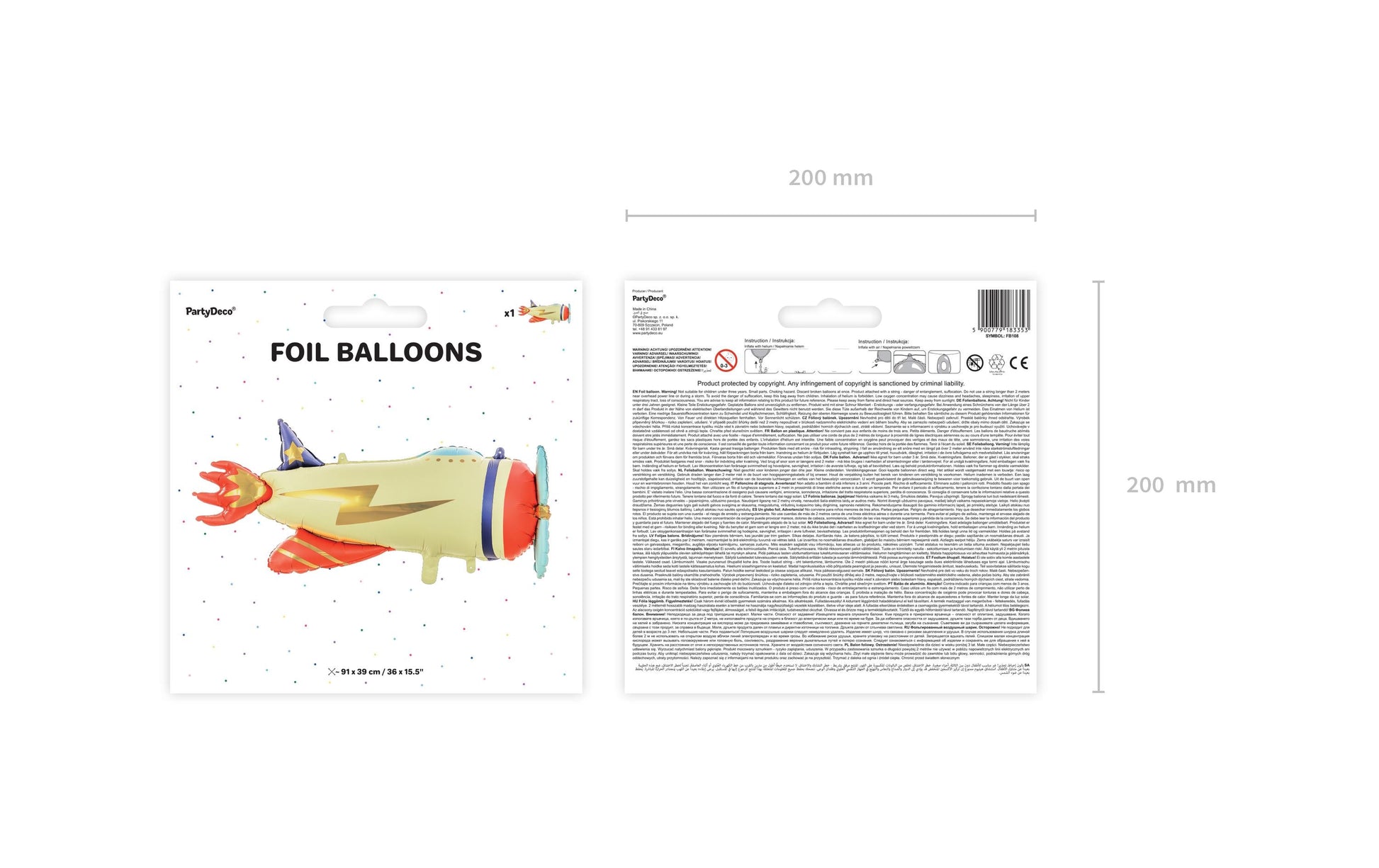 PartyDeco Folienballon Flugzeug – Mehrfarbig – 91 × 39 cm – 1 Stk