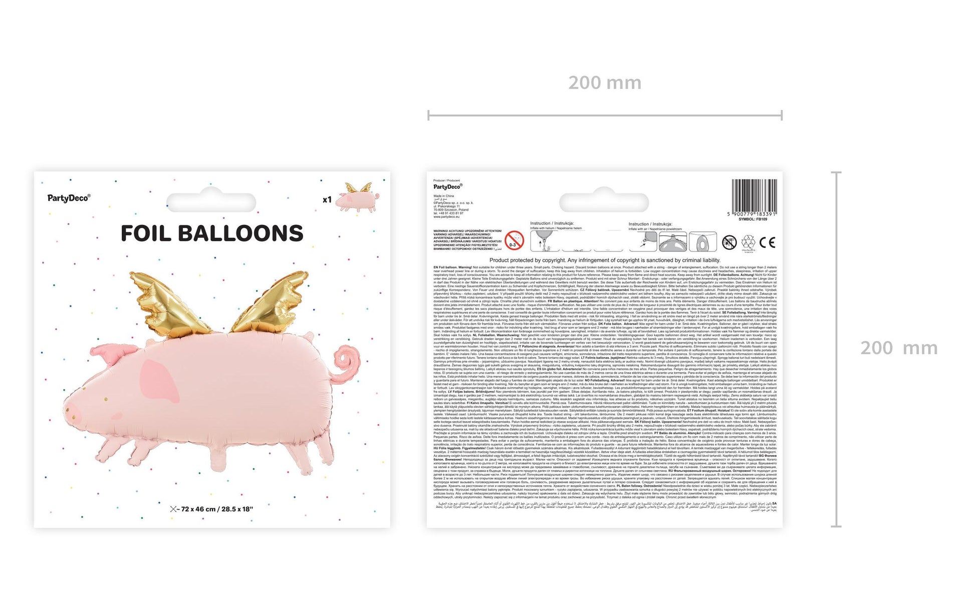 PartyDeco Folienballon Schwein – Rosa – 72 × 46 cm – Folie – 1 Stück – mit Helium befüllbar