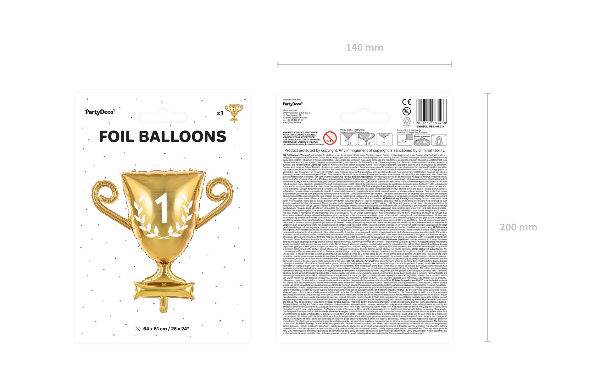PartyDeco Folienballon Pokal – 64 × 61 cm – Folie, Gold