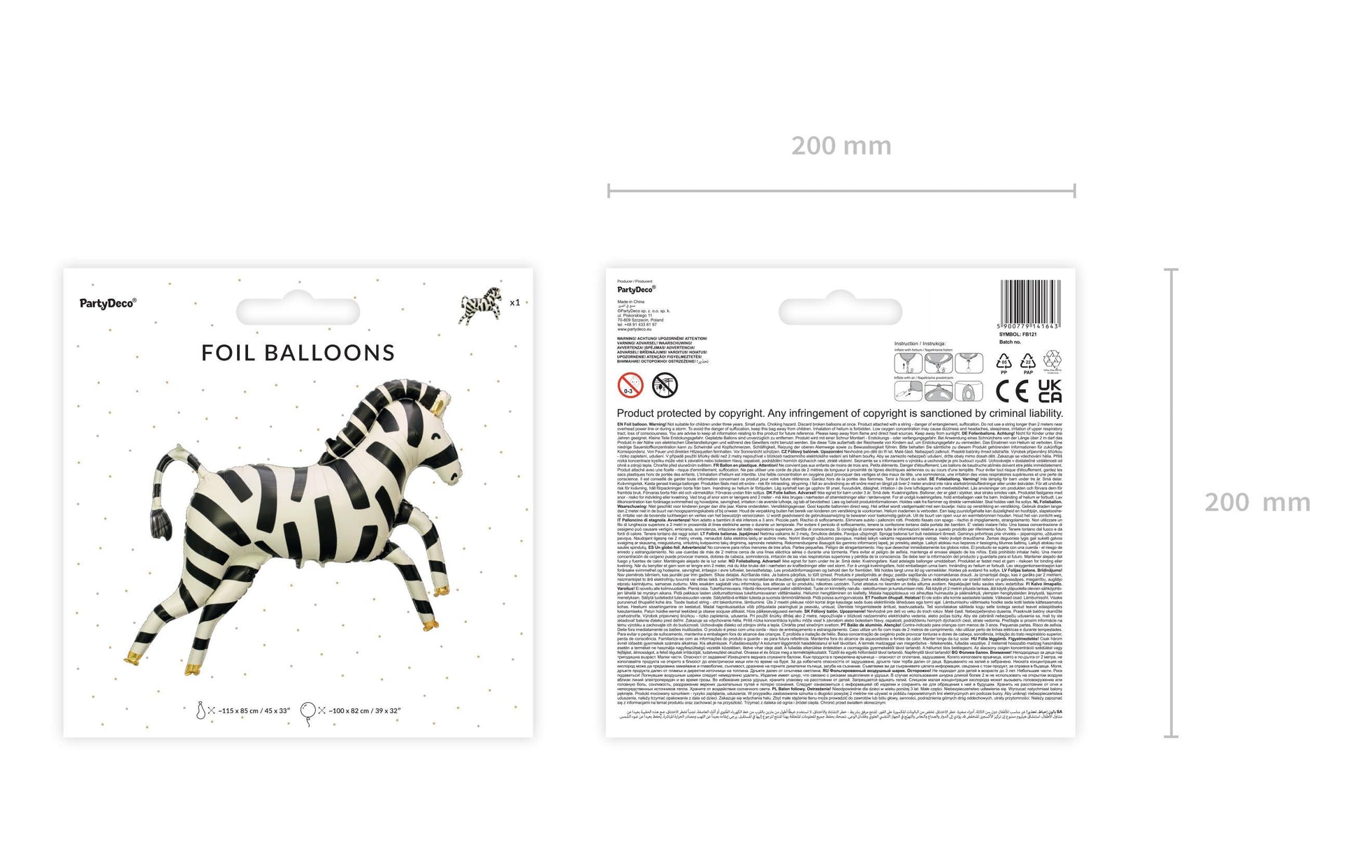 PartyDeco Folienballon Zebra – mehrfarbig – 115 × 85 cm – Folie – 1 Stück – mit Helium befüllbar