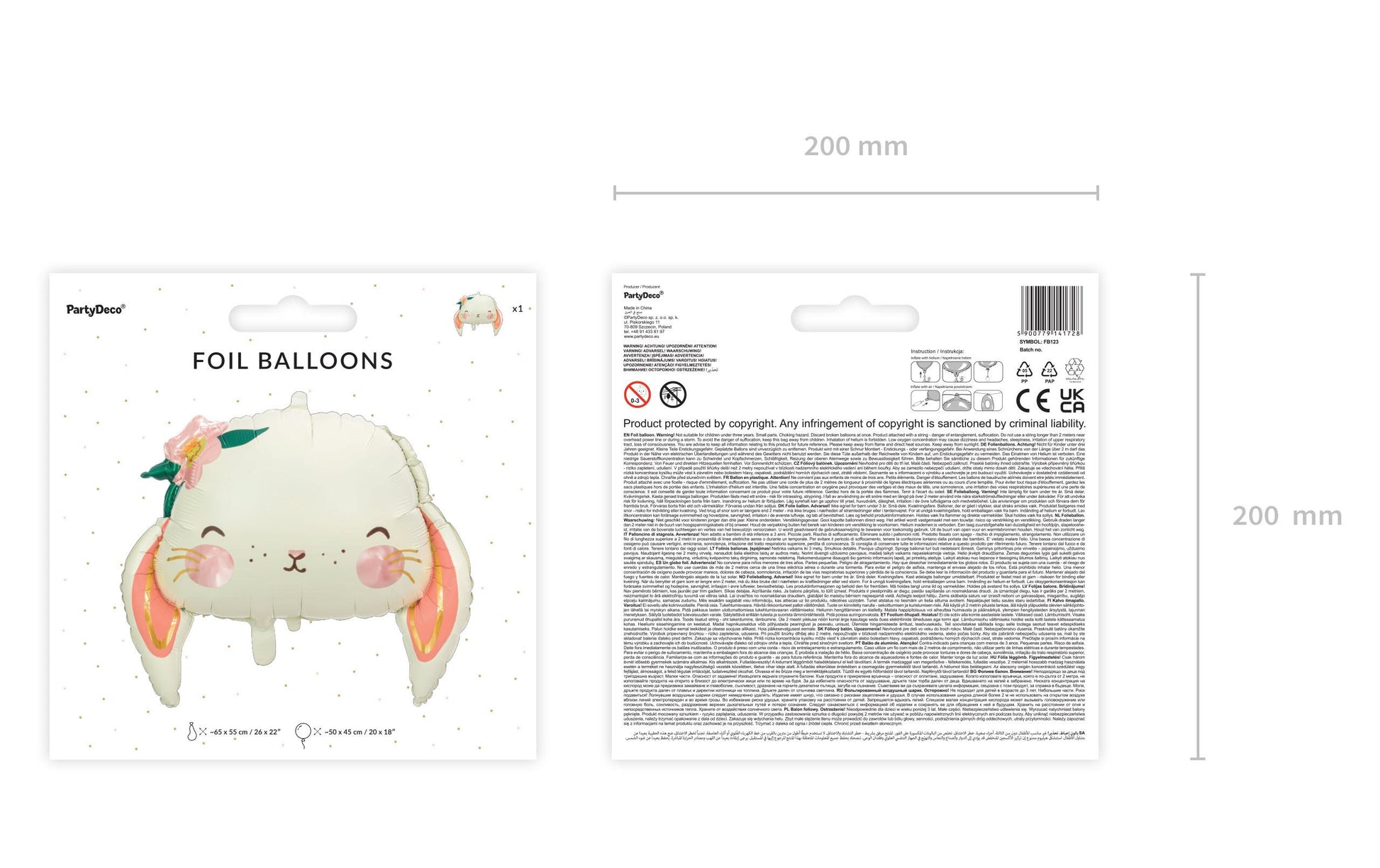 PartyDeco Folienballon – Hase – 65 × 55 cm – Folie, mehrfarbig