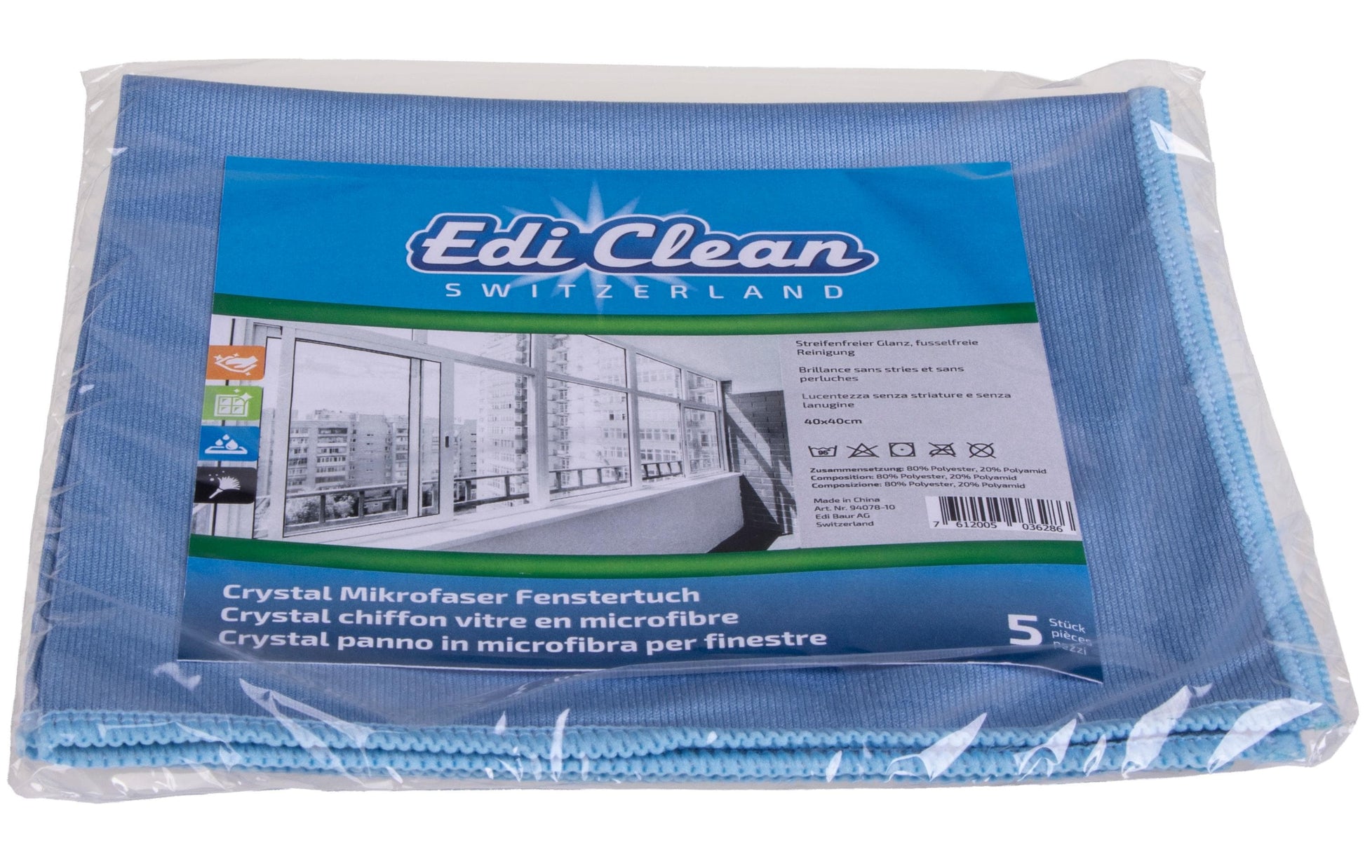 Edi Baur Fensterreinigungstuch – Blau – 40 × 40 cm – Mikrofaser – 5er-Set