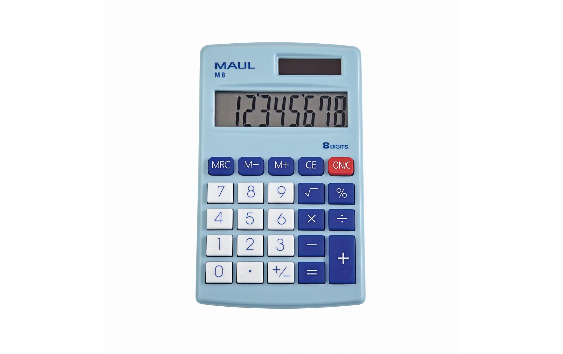 MAUL Taschenrechner M8 – 8-stellig – Solar/Batterie – Hellblau/Weiss