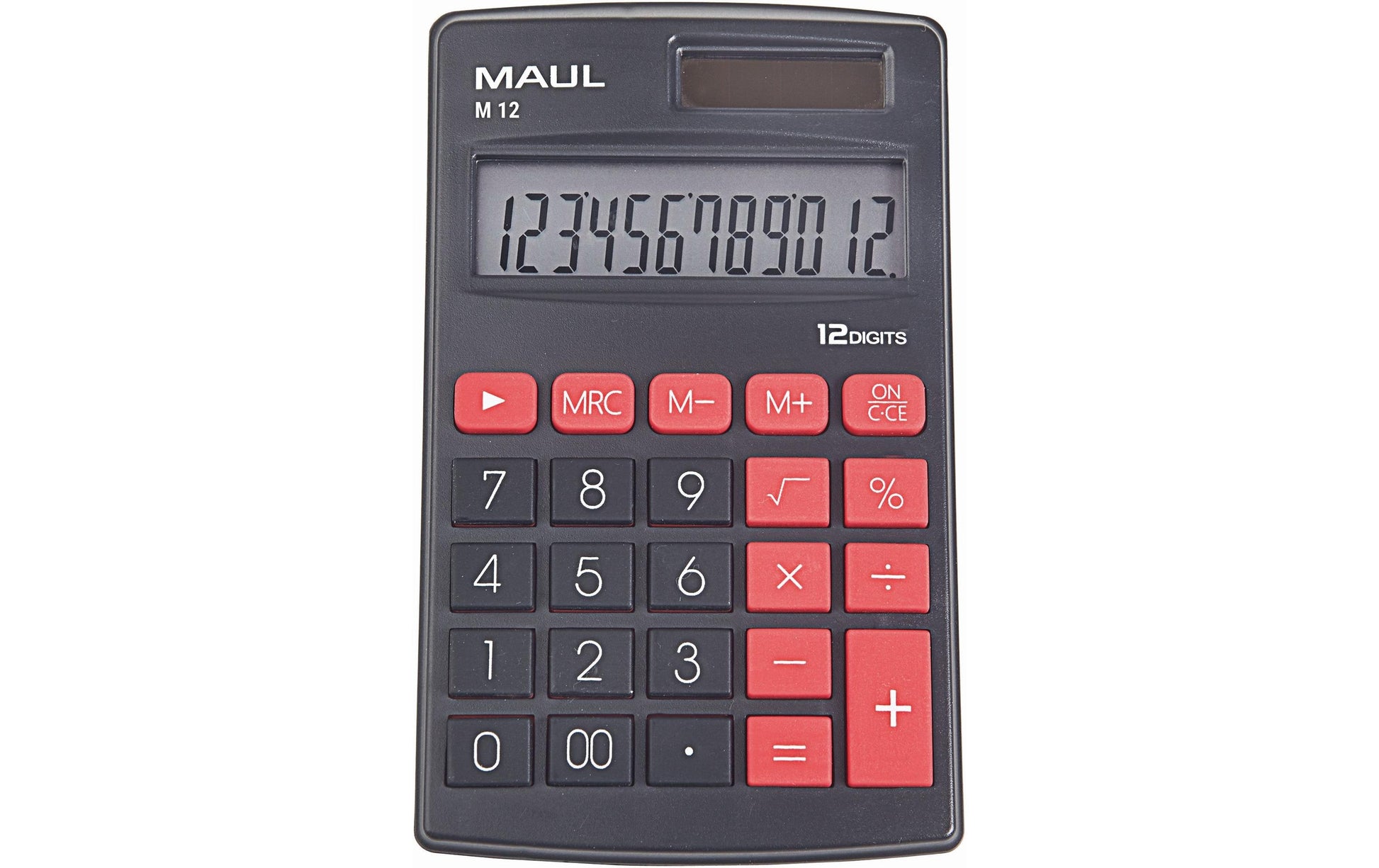 MAUL Taschenrechner M12 – 12-stellig – Solar/Batterie – Schwarz/Rot