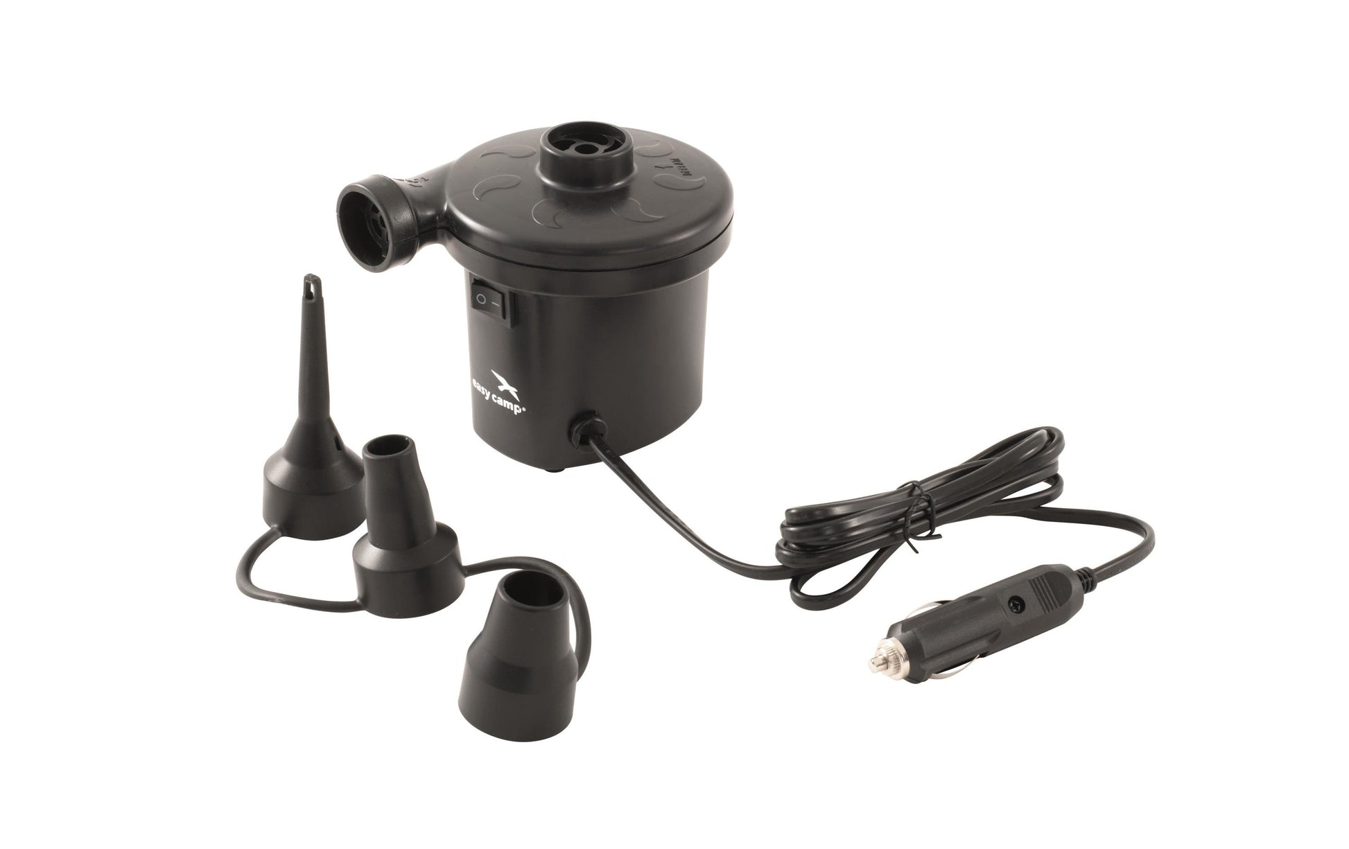Easy Camp 12 V Luftpumpe El Nino – 216 l/min, 3 Düsen, Luftablass-Modus – für Zigarettenanzünder – Schwarz