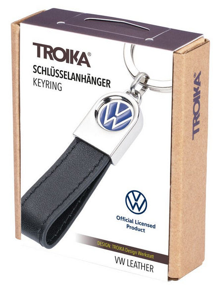 TROIKA Schlüsselanhänger VW Lederschlaufe – Leder/Metall, Schwarz, 115 × 35 × 7 mm, 6er-Pack