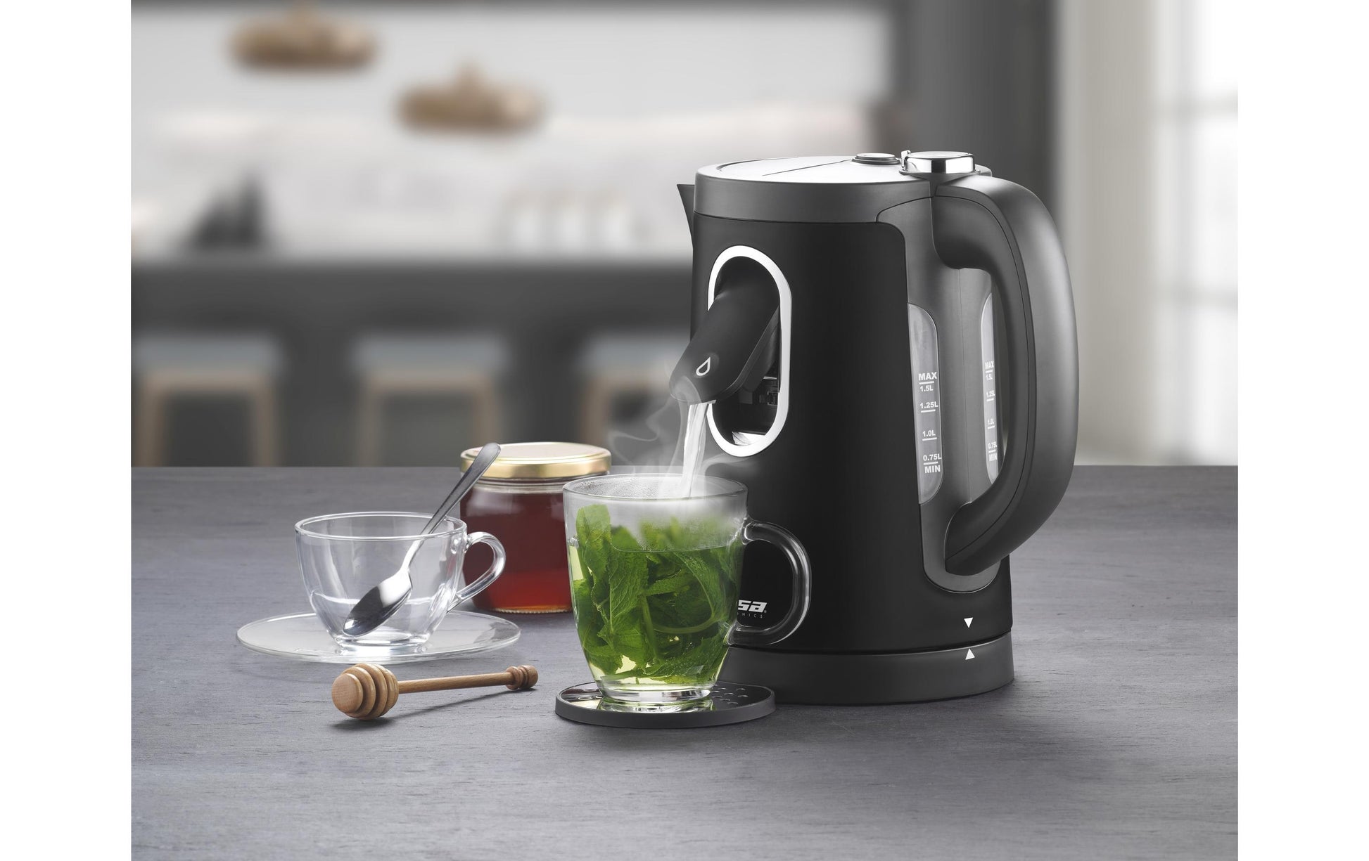 Trisa Wasserkocher – 1,5 l, mit Temperaturwahl, Kunststoff, Schwarz, 6452.4245