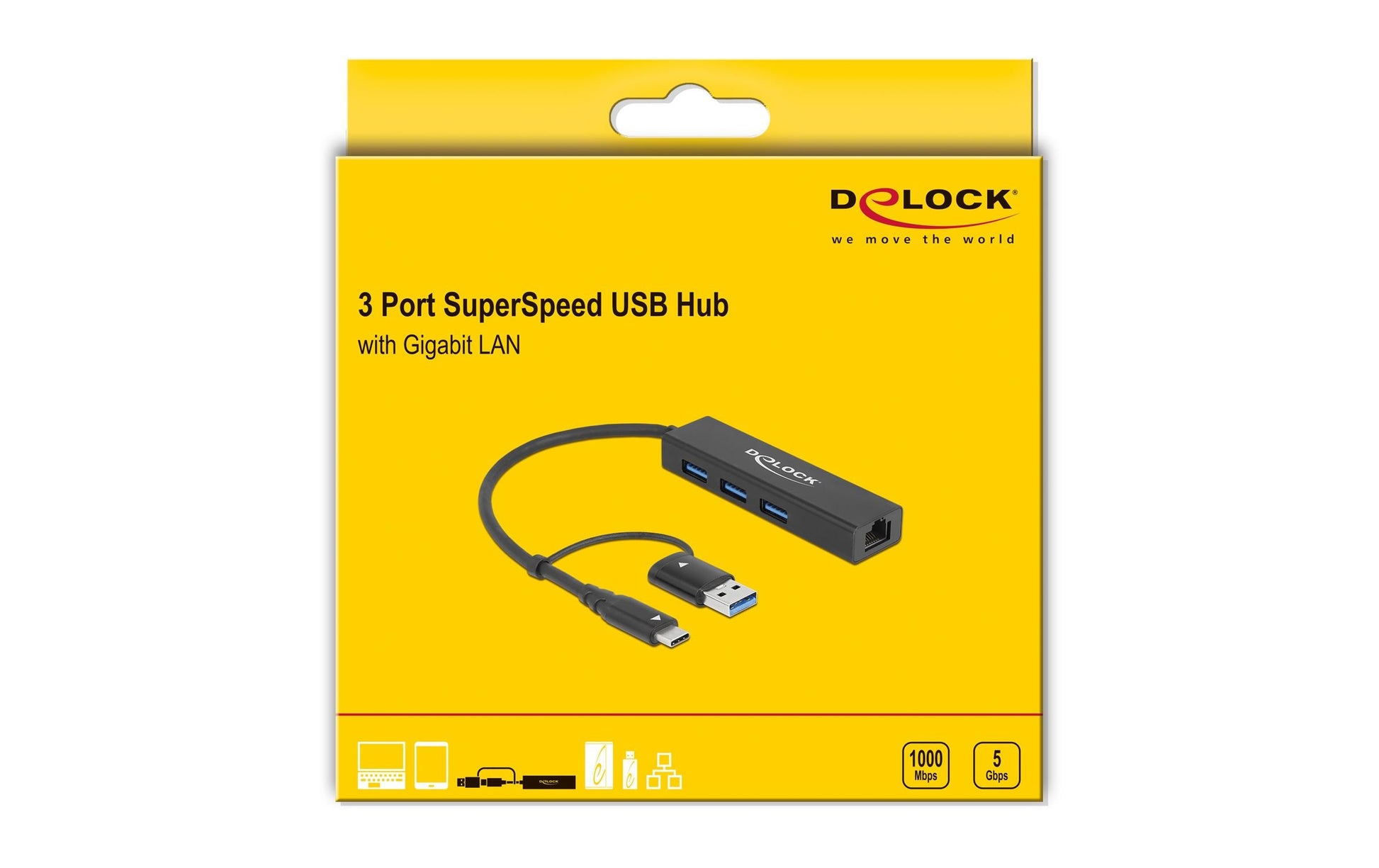 DeLOCK 64149 USB-Hub – USB-C, 3× USB-A, GbE, für Windows/Mac/Linux