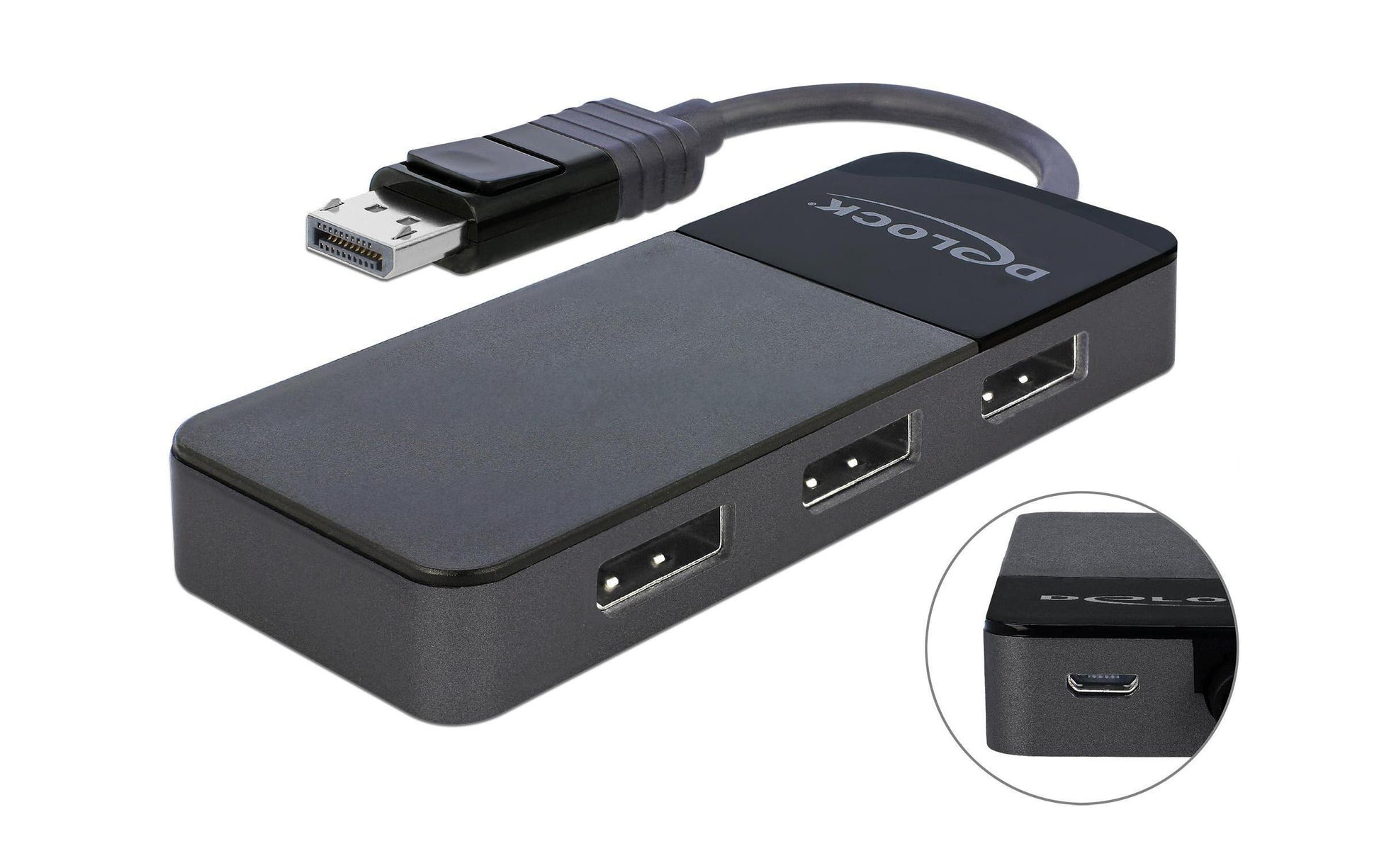 DeLOCK 87737 – DisplayPort Splitter, 1× DP In / 3× DP Out, 8K@30 Hz, MST, HDCP, USB Stromversorgung, Schwarz