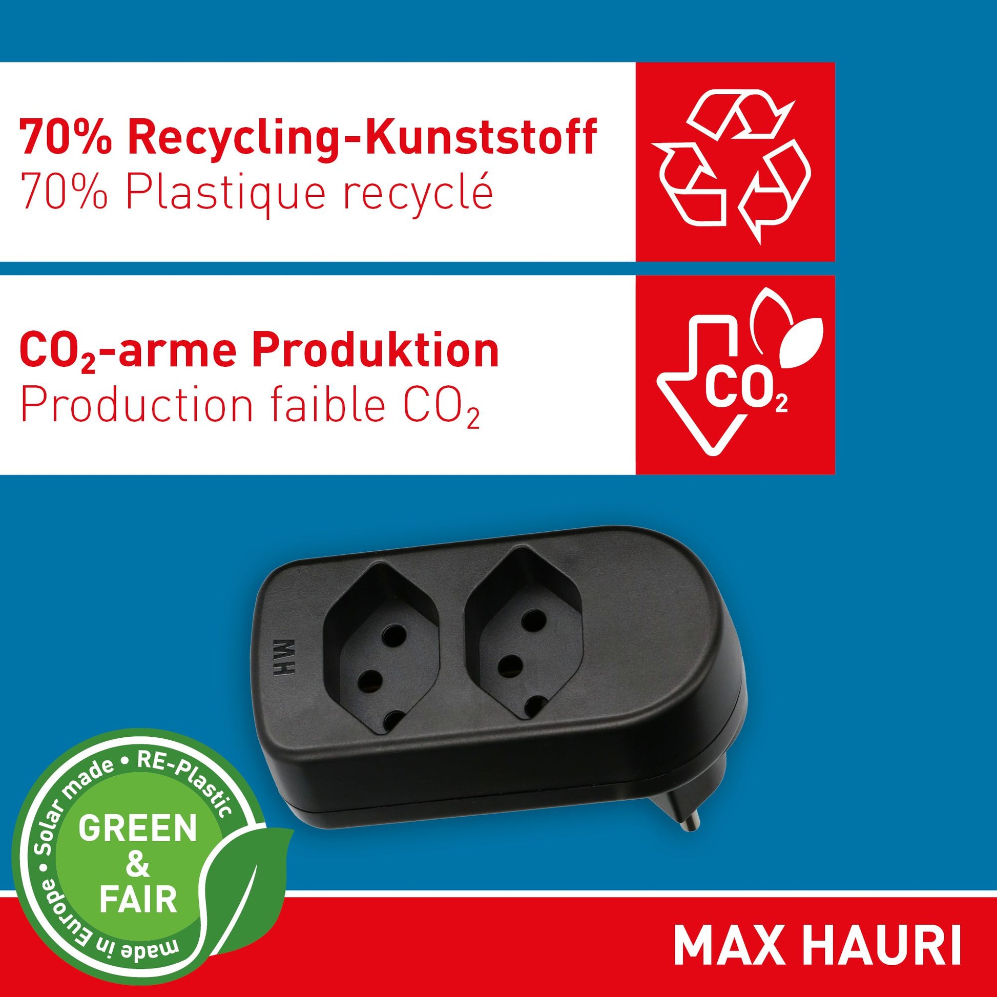 Max Hauri AG Max Hauri ADAPT 176504 Abzweigstecker T12 zu 2× T13 – 230–250 V, 10 A, 2-fach, drehbar 320°, Schwarz