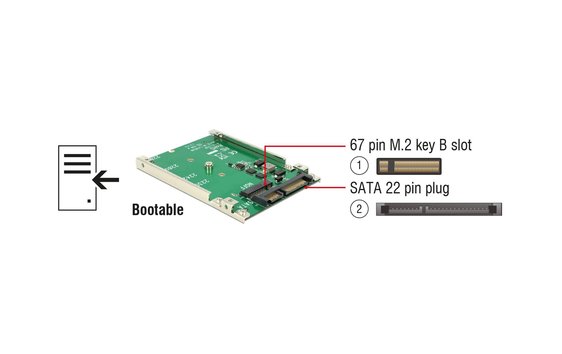 DeLOCK 62544 Adapter M.2 zu SATA – inklusive 2,5" 7 mm Einbaurahmen, M.2 (Key-B) zu SATA mit Strom