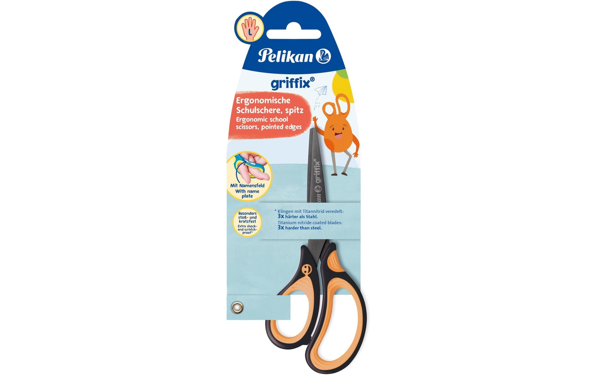 Pelikan Griffix Kinderschere für Linkshänder – Metall, Titannitrid-beschichtet, Softgrip, Schwarz/Orange