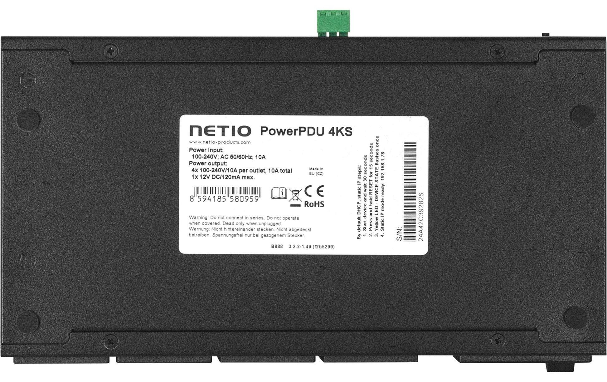 NETIO PowerPDU 4KS CH – IP-Steckdosenleiste, 4× IEC C13, mit Schalter, Meteringfunktion, 1,8 m, Stecker C14