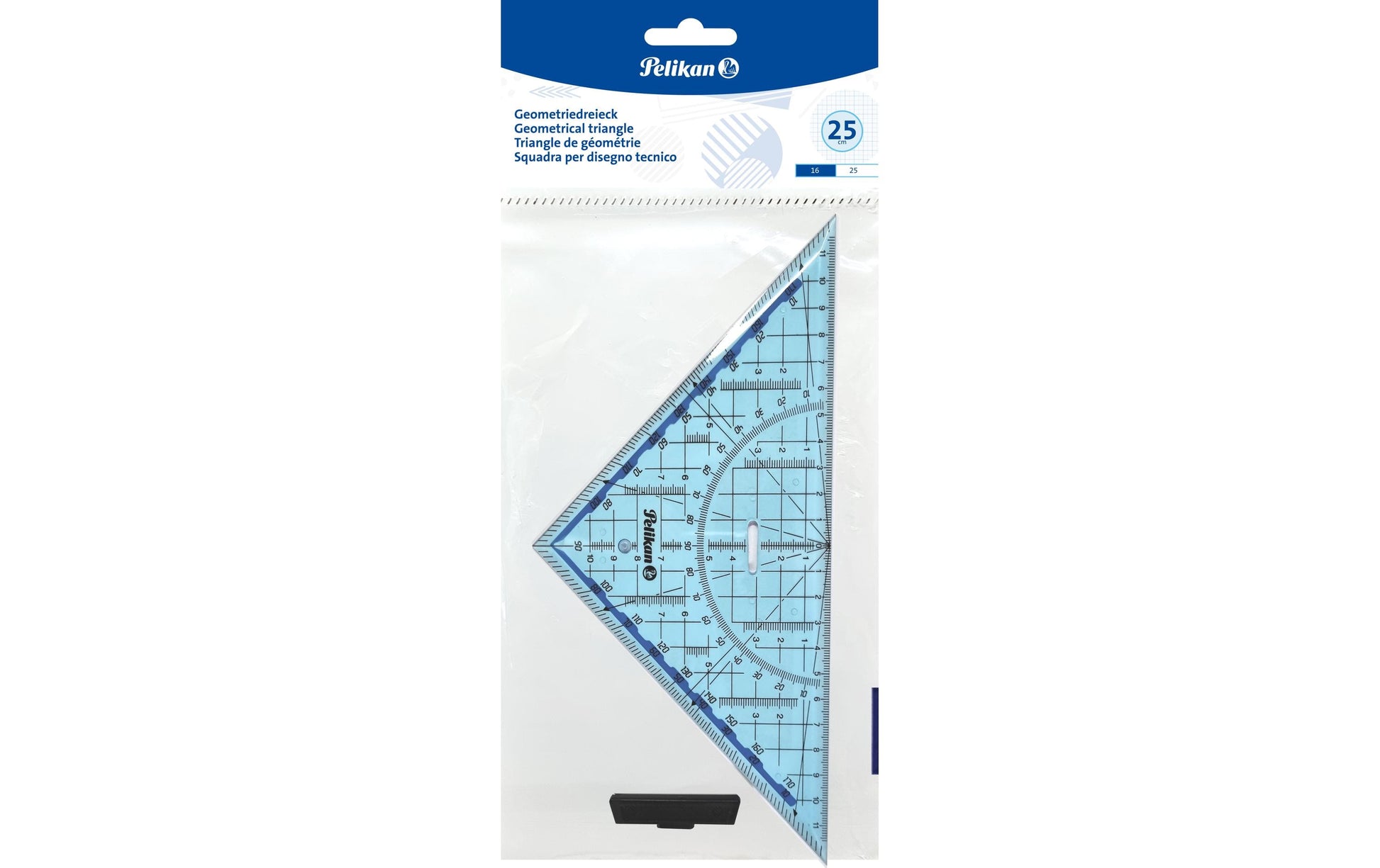 Pelikan Zeichendreieck, 25 cm, 45° – mit abnehmbarem Griff, mit Tuschekante – Acrylglas, blau