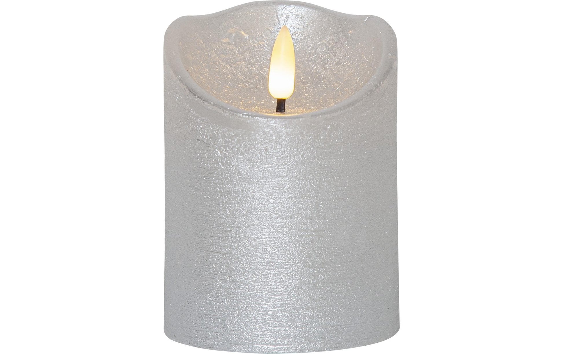 Star Trading LED-Kerze – Ø 7,5 × 10 cm, 0,03 W, Warmweiss, Silber, Timer, flackernd, batteriebetrieben