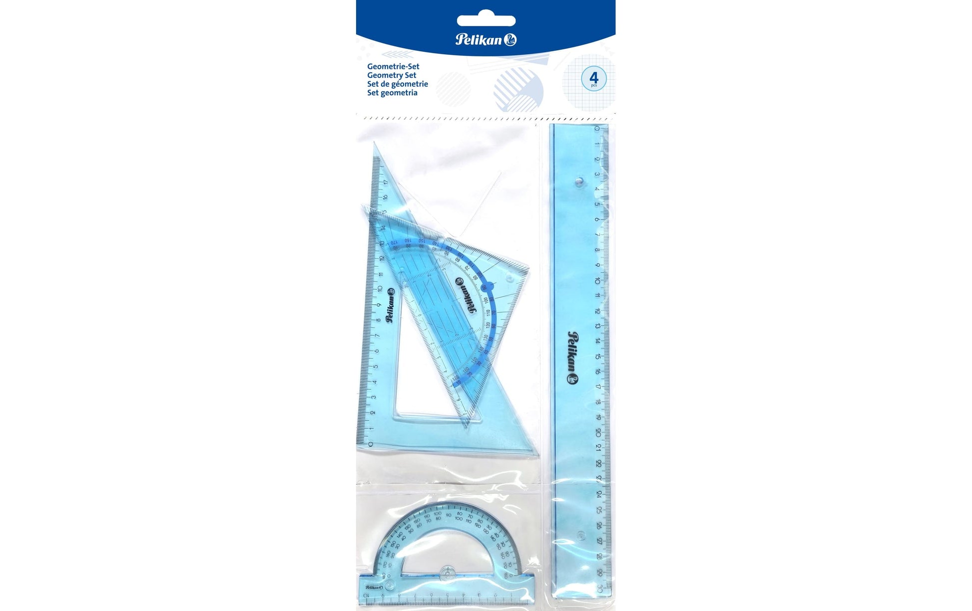 Pelikan Geometrie-Set, 4-teilig – Lineal 30 cm – mit Tuschekante – Acrylglas, Blau