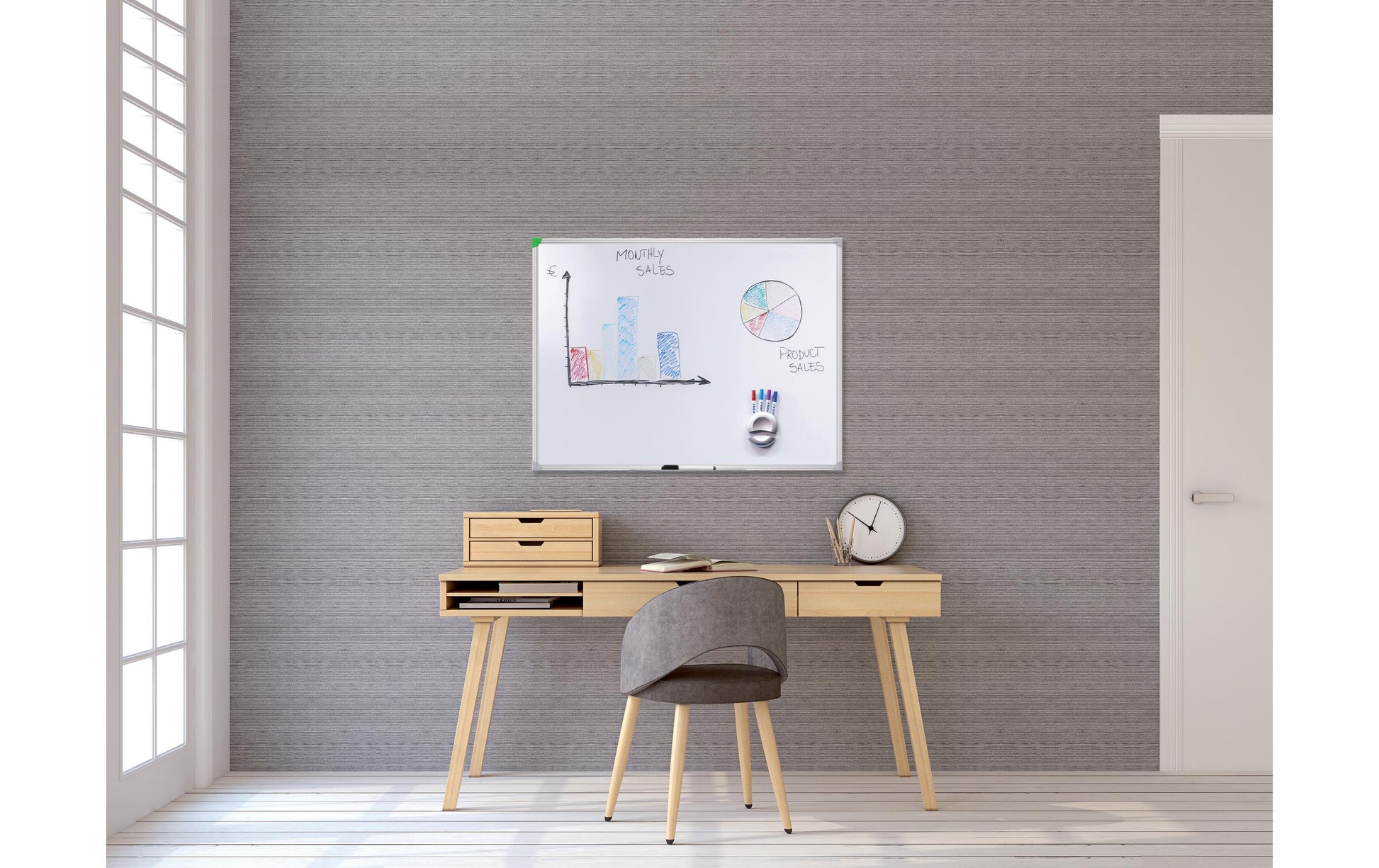 Franken Whiteboard – 120 × 80 cm, lackierter Stahl, magnetisch, Aluminiumrahmen, Wandmontage, inkl. Ablageschale