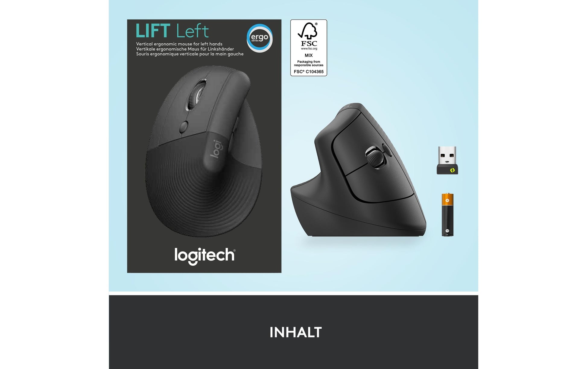 Logitech Lift Left Ergonomische Maus – vertikal, für Linkshänder, graphit/schwarz