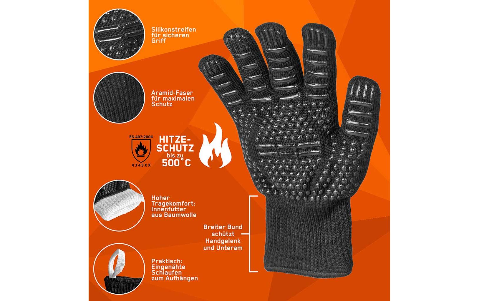 FENNEK Grillhandschuhe – Einheitsgrösse – Aramid/Silikon, Schwarz, Hitzebeständig bis 500 °C