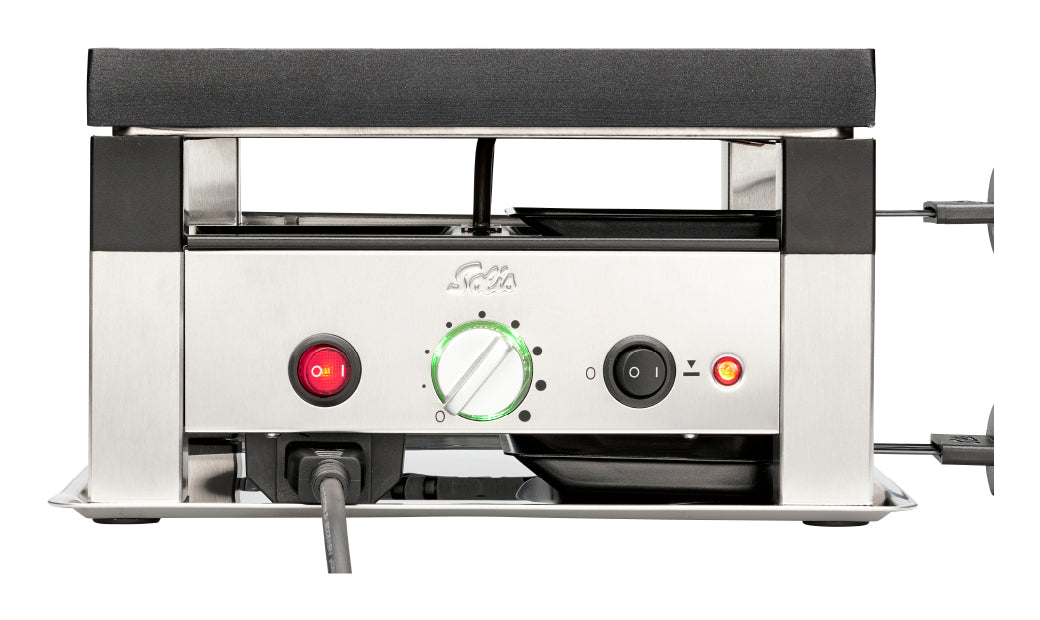 Solis Raclette & Pizza Grill 7910 – 4 Personen, Grillfläche 30 × 24 cm, 1020 W – schwarz/edelstahl