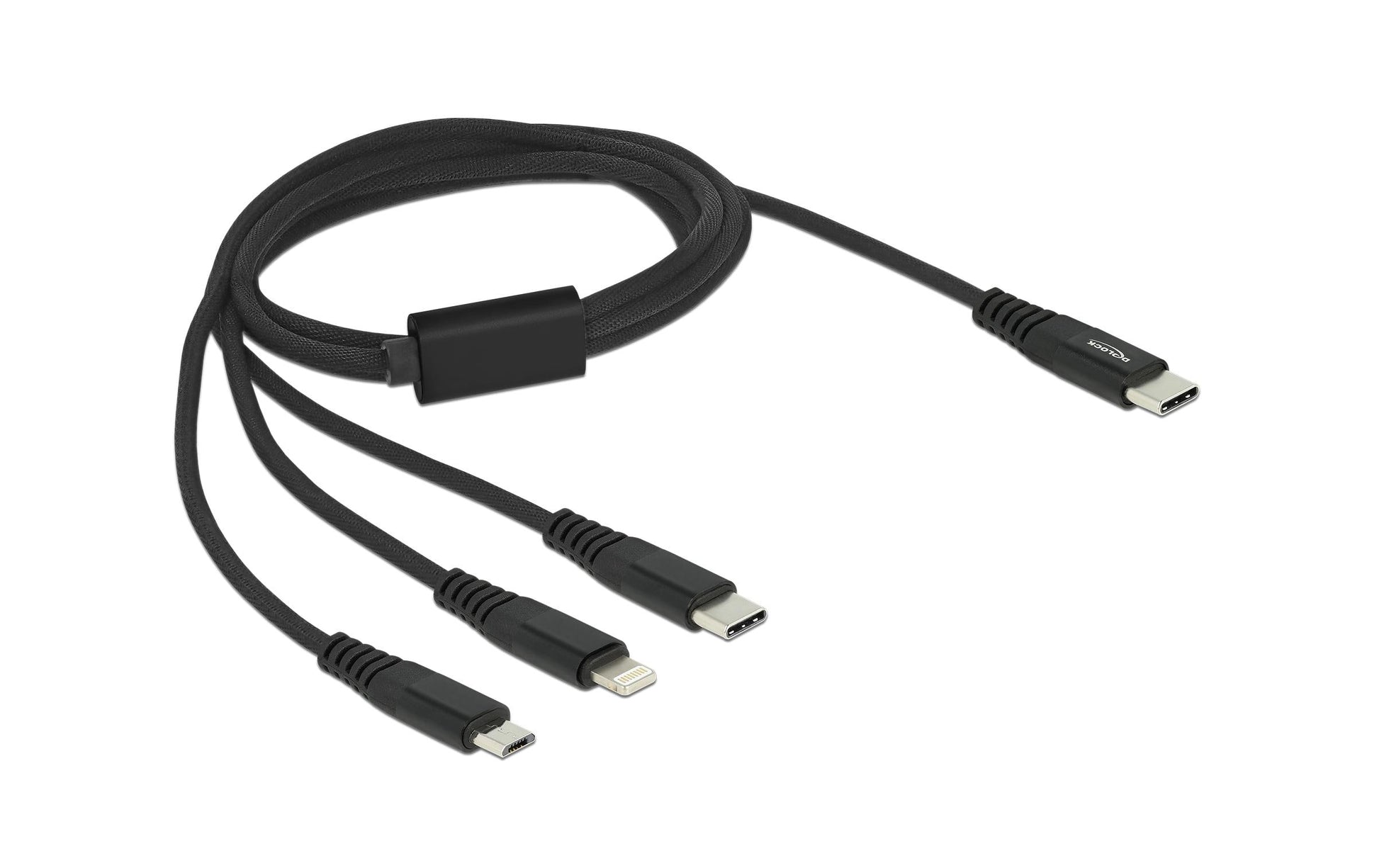 DeLOCK Multi-Kabel – 3-in-1 USB-C auf USB-C/Micro-USB/Lightning 1 m, geflochten, schwarz – für iPhone/Android