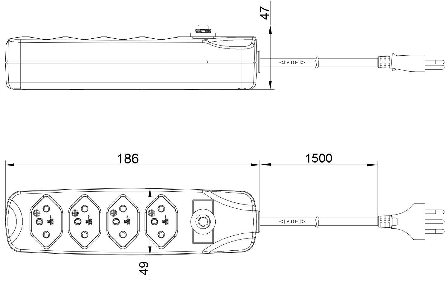 Furber. Steckdosenleiste – 4× T13, 1,5 m, ohne Schalter, schwarz