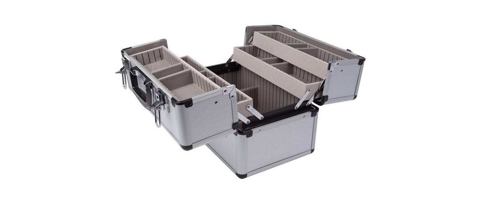Perel 1819-2 Werkzeugkoffer – leer, abschliessbar, 5 Fächer, grau, Aluminium, B 360 × H 250 × T 220 mm