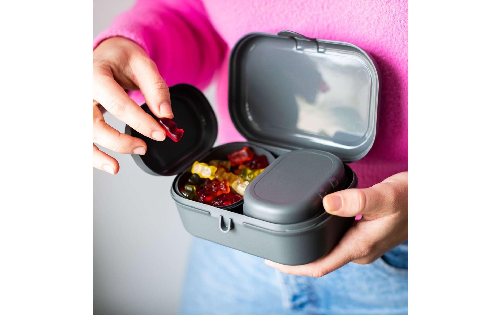 koziol Lunchbox 10,8 × 15,1 × 6 cm, Biokunststoff, grau, 3-teilig, BPA-frei