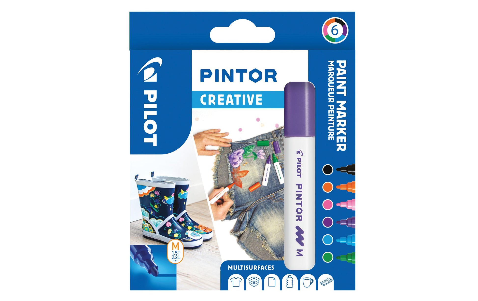 Pilot Pigment Marker Pintor – Rundspitze 1,5-2,2 mm – Sortiert – 6er-Set – Für dunkles Papier geeignet