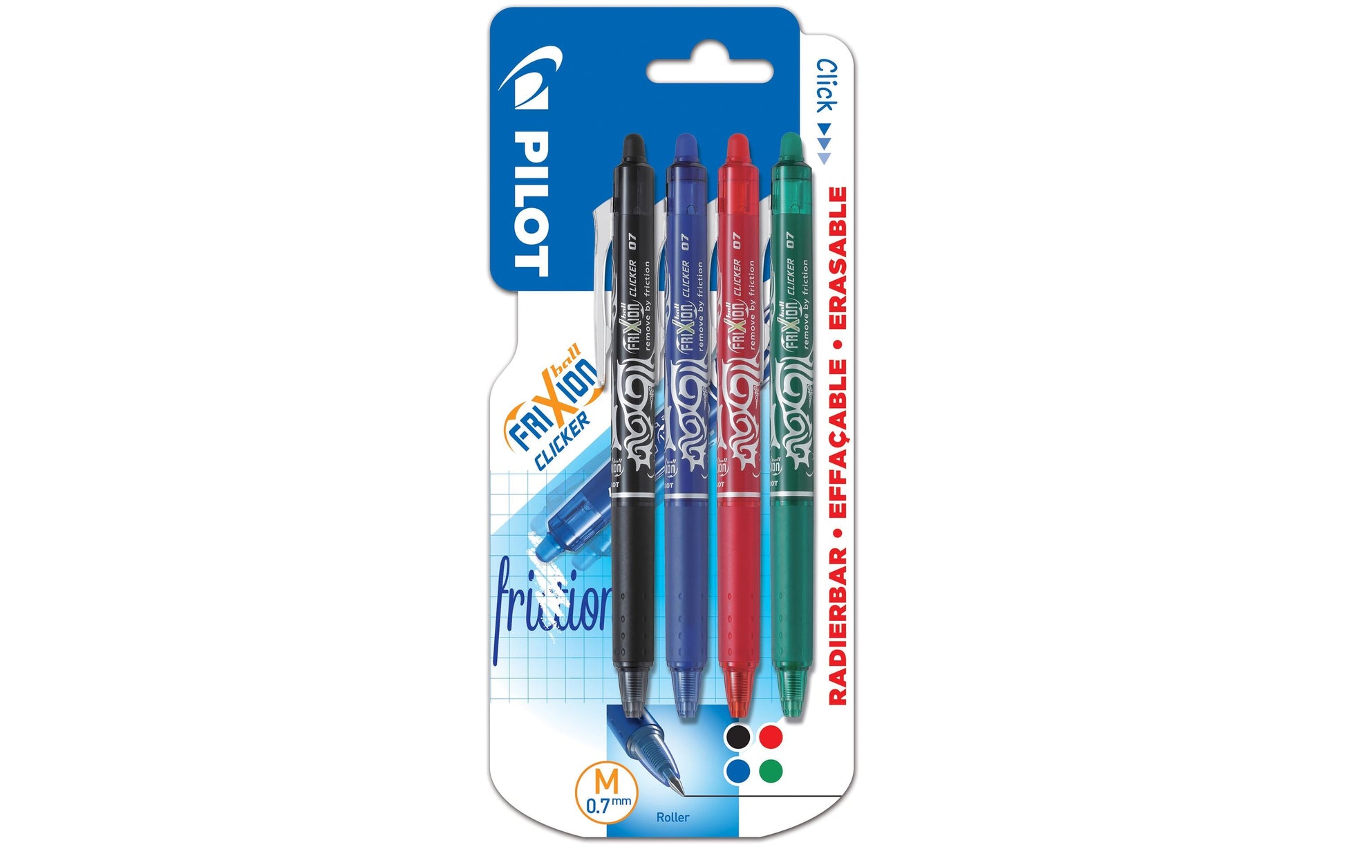 Pilot FriXion Ball Clicker – Tintenroller, 0,7 mm, sortiert, radierbar, Druckmechanik – 4 Stk.