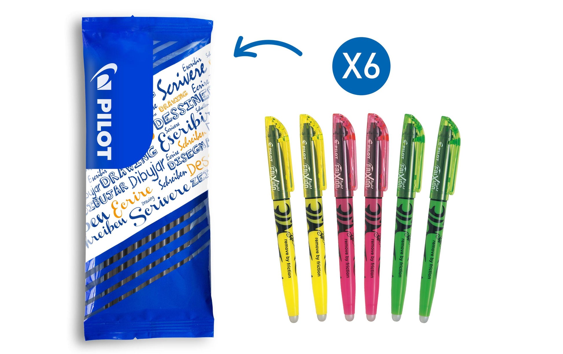 Pilot FriXion Light Textmarker – 6er Set, Farben: Grün/Pink/Gelb, Spitze 3,3 mm, radierbar