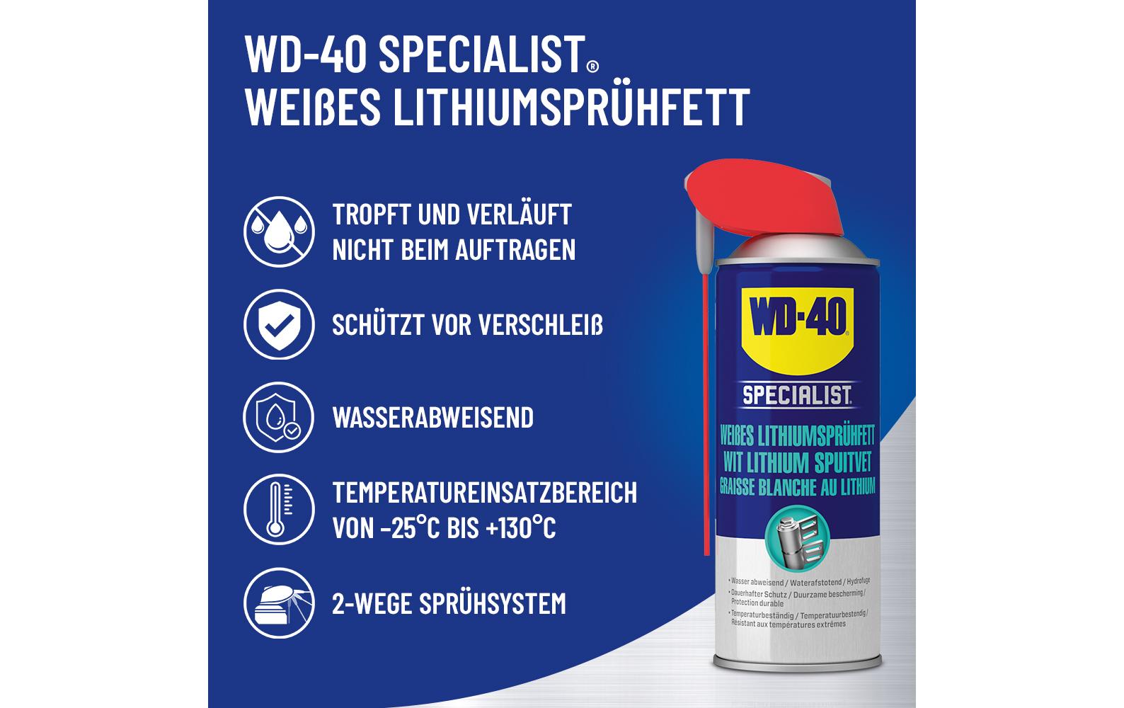 WD-40 Spezialist Lithiumsprühfett – transparent, wasserfest, für Metall, 400 ml, −25 bis +130 °C