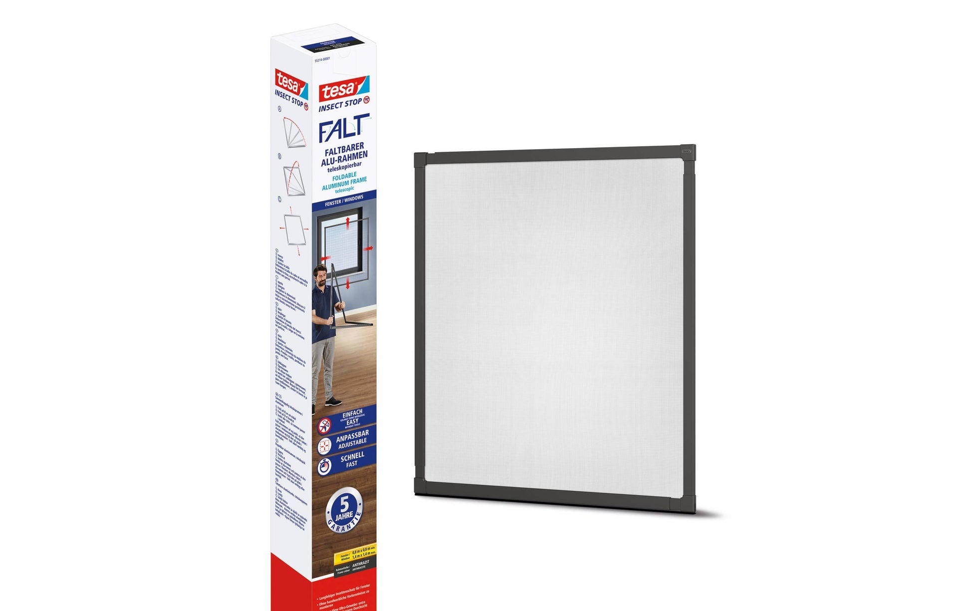 TESA Fenster-Fliegengitter – 140 × 140 cm – Anthrazit – Aluminiumrahmen – faltbar