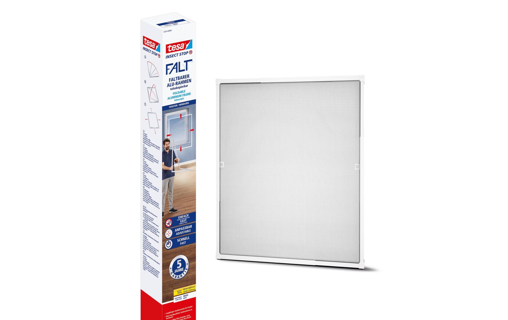 tesa Fliegengitter, faltbar – für Fenster – 80 × 80 bis 140 × 140 cm – weiss