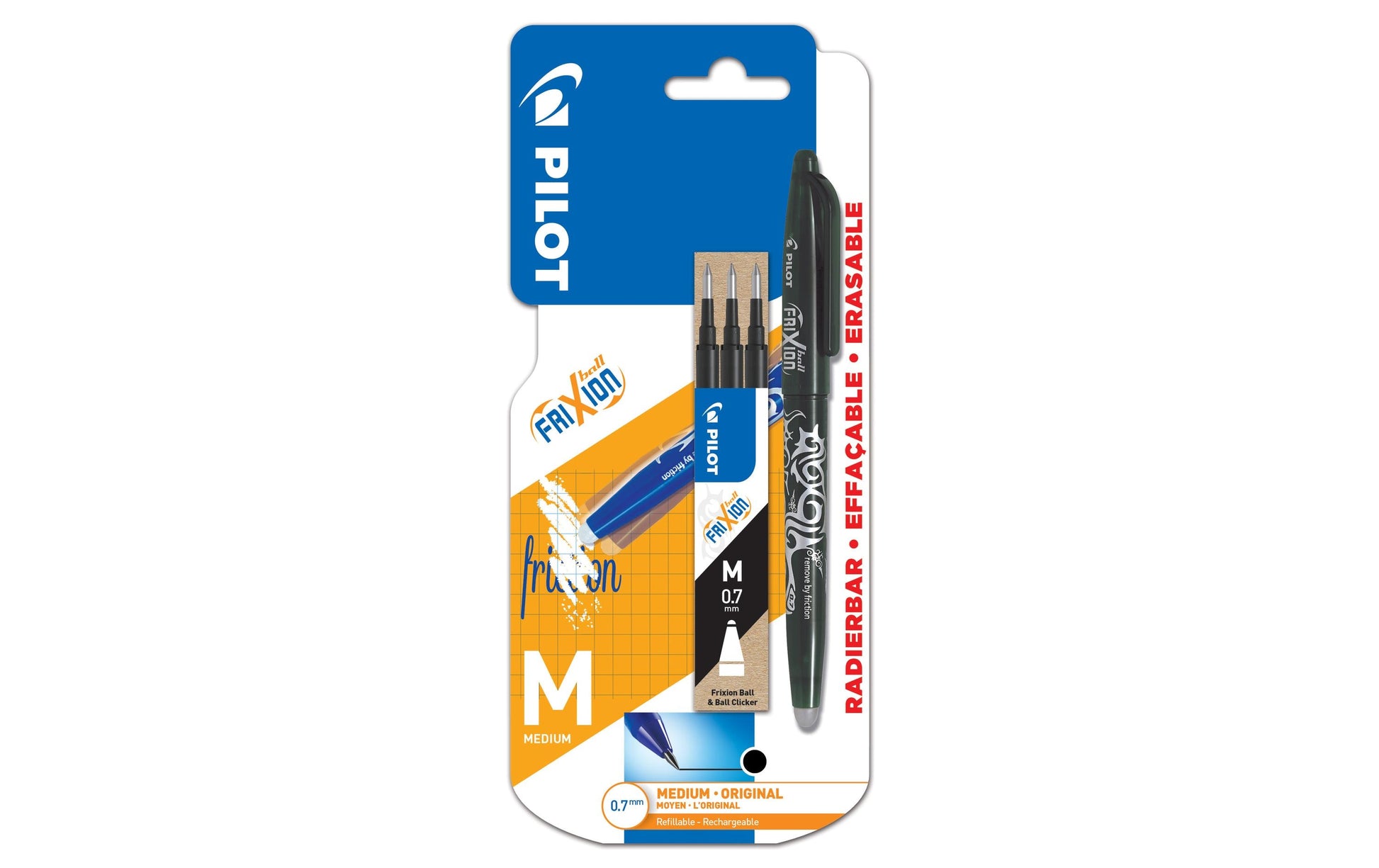 Pilot FriXion Ball – radierbarer Tintenroller-Set, mit Kappe, 0,7 mm, schwarz, für Linkshänder, 4er Etui