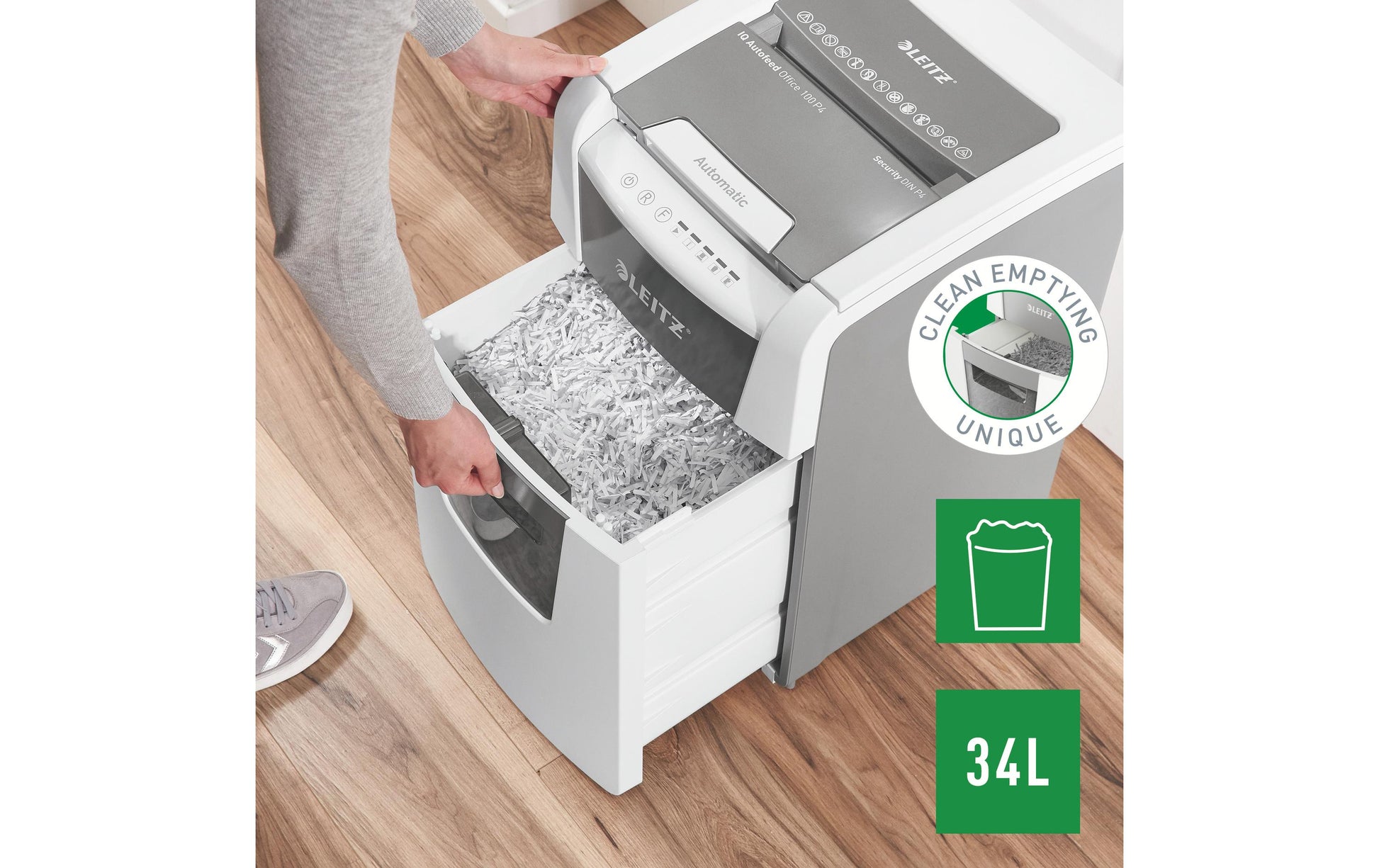 Leitz bürogeräte Leitz IQ Autofeed Office100 – Aktenvernichter mit Autofeed 100 Blatt, DIN P-4, Partikelschnitt 4 × 28 mm, 34 l