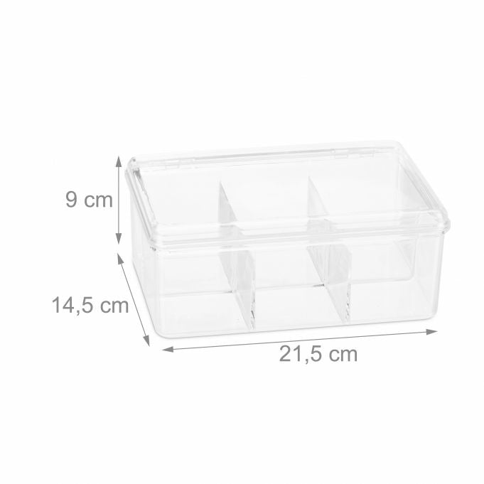 Relaxdays Teebeutelbox Kunststoff, 6 Fächer, 21,5 × 14,5 × 9 cm, transparent