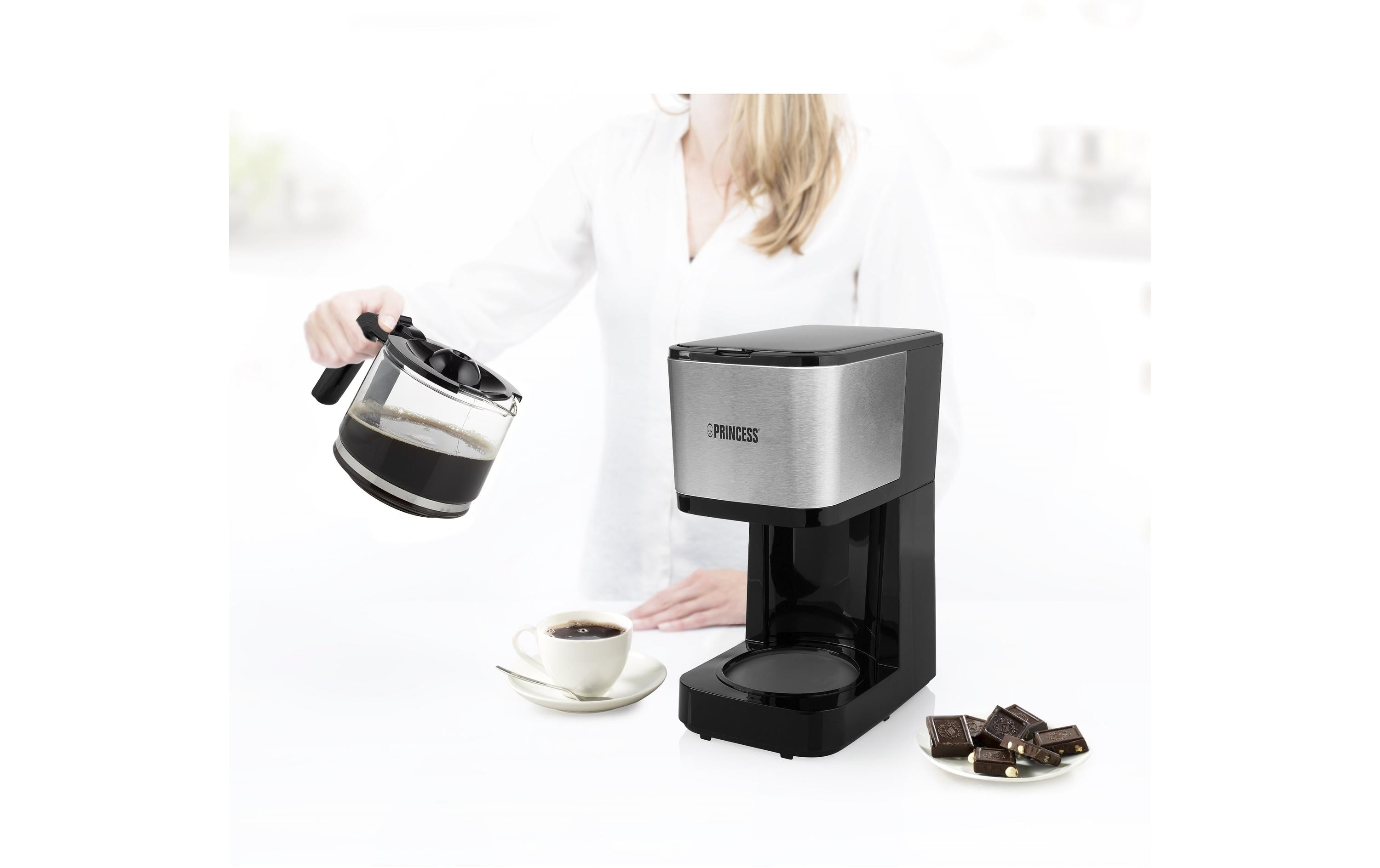 Princess Filterkaffeemaschine – 12 Tassen, 1,3 l, Permanentfilter, Schwarz/Edelstahl