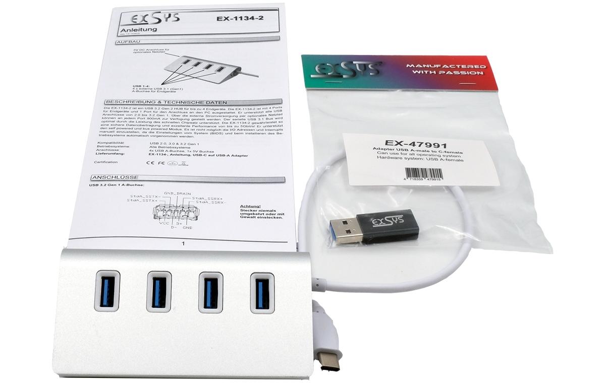 EXSYS EX-1134-2 USB-Hub – USB-C, 4× USB-A, für Windows/Mac