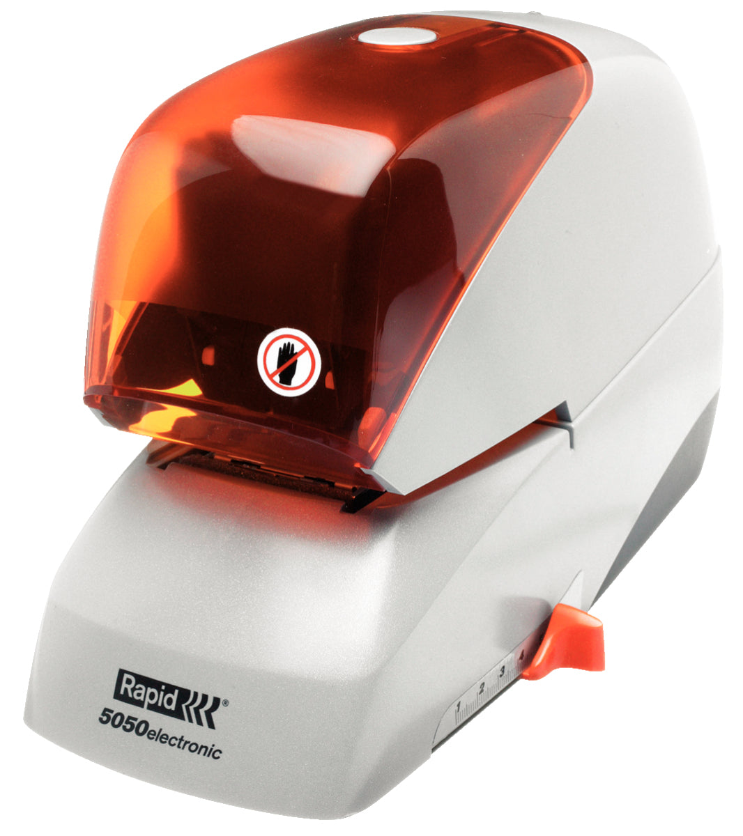 Rapid Supreme 5050e – Elektrischer Hefter, 50 Blatt, geschlossene Heftung, Einlegetiefe 50 mm, Silber/Orange