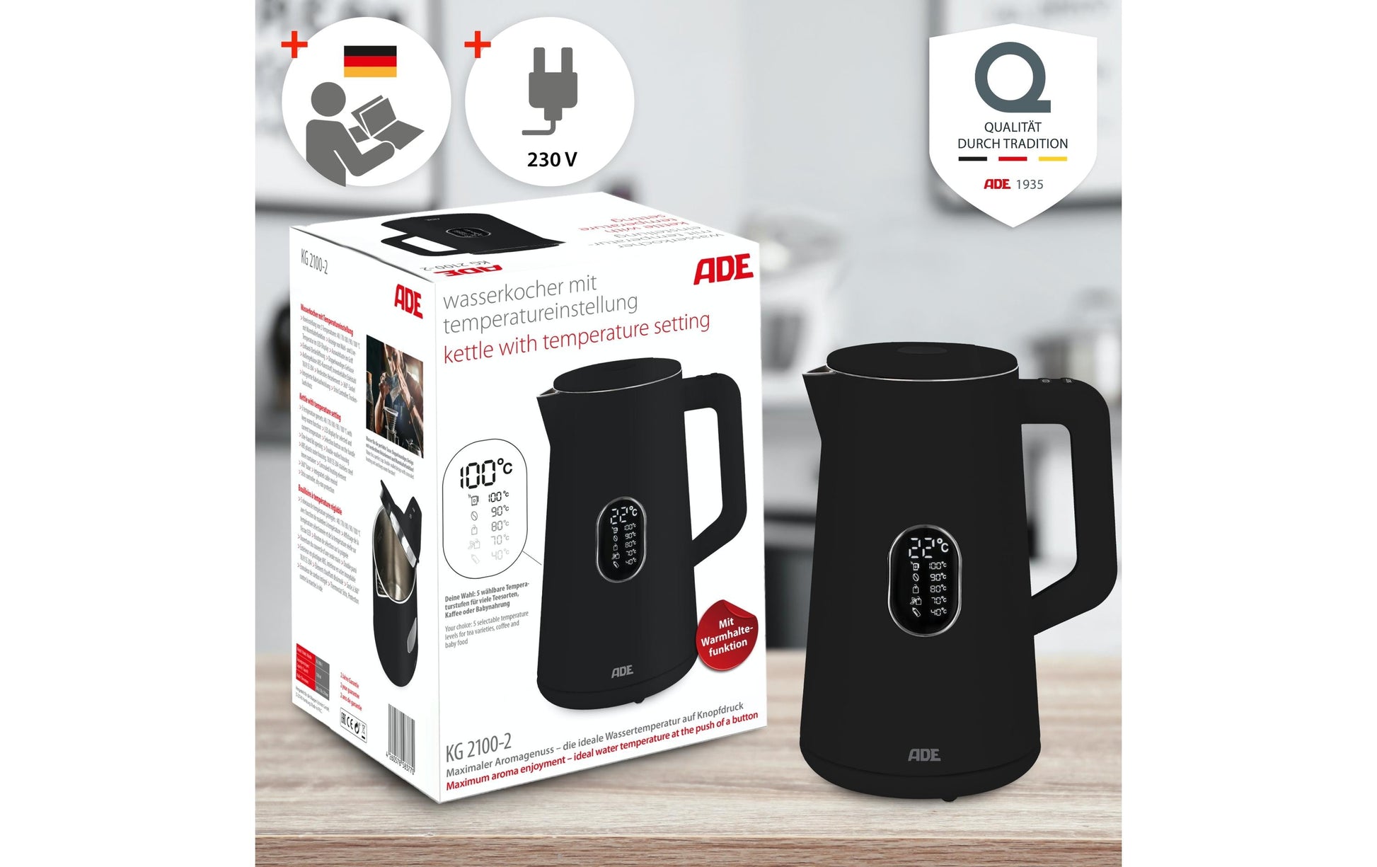 ADE Wasserkocher – 1,5 l, mit Temperaturwahl, Warmhaltefunktion, Kunststoff/Edelstahl