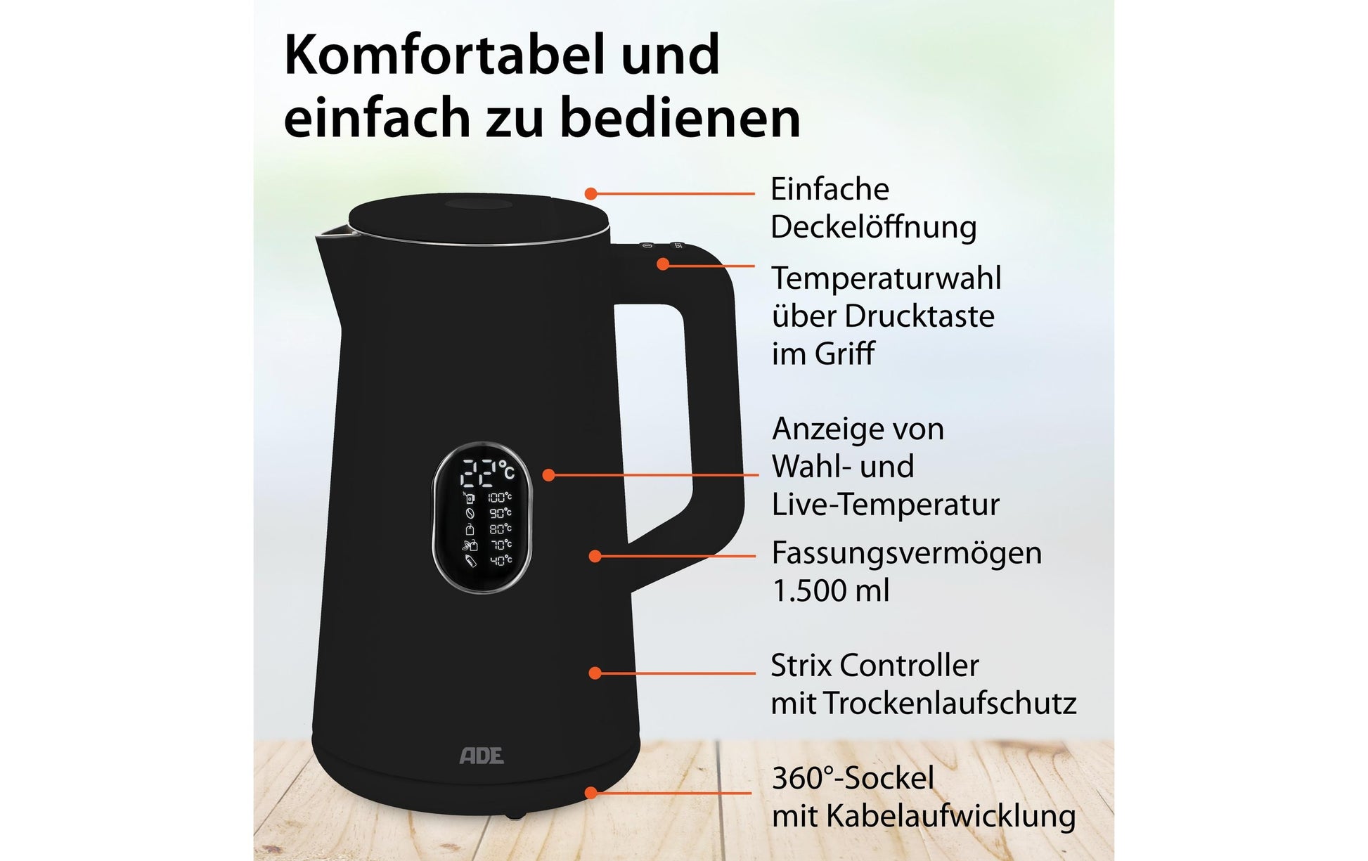 ADE Wasserkocher – 1,5 l, mit Temperaturwahl, Warmhaltefunktion, Kunststoff/Edelstahl