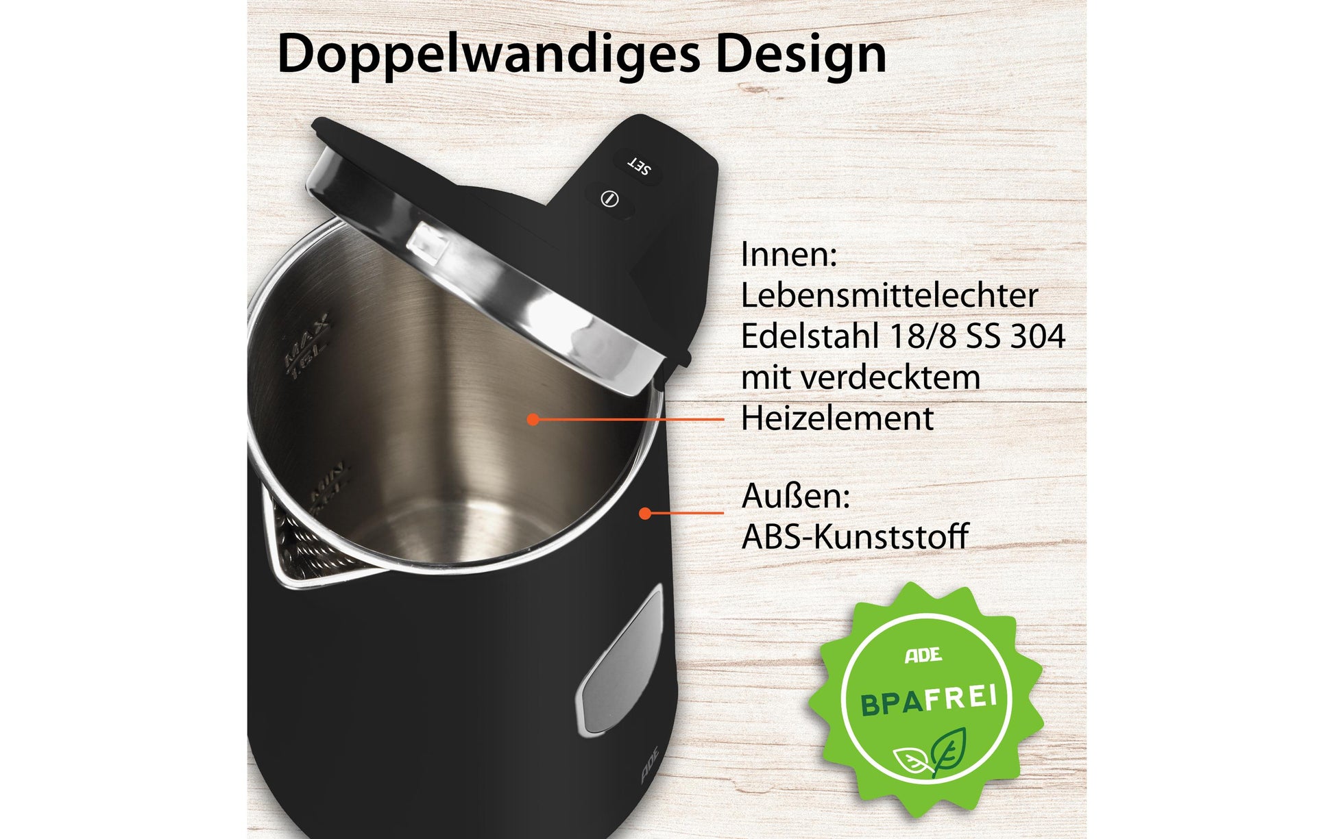 ADE Wasserkocher – 1,5 l, mit Temperaturwahl, Warmhaltefunktion, Kunststoff/Edelstahl