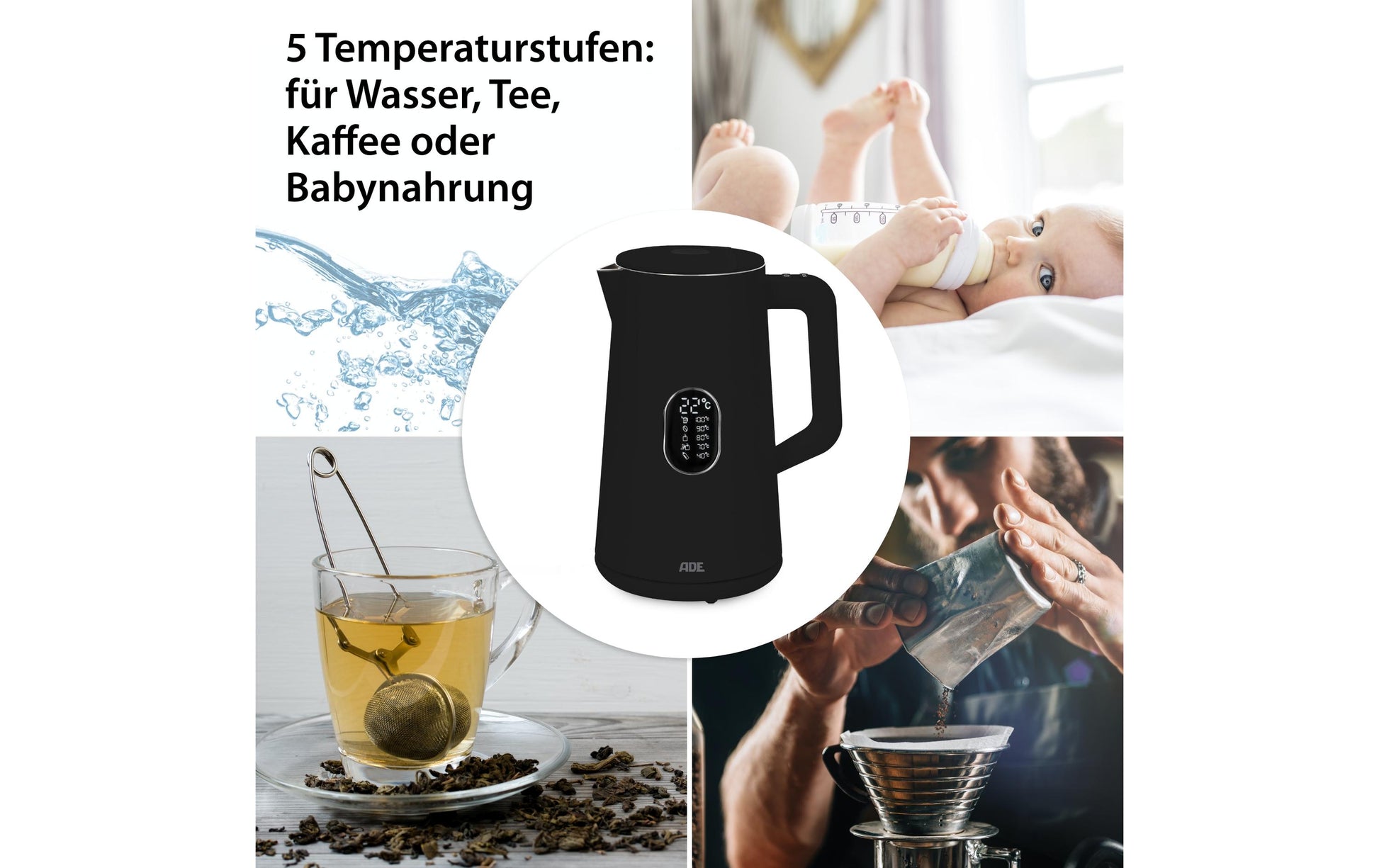 ADE Wasserkocher – 1,5 l, mit Temperaturwahl, Warmhaltefunktion, Kunststoff/Edelstahl